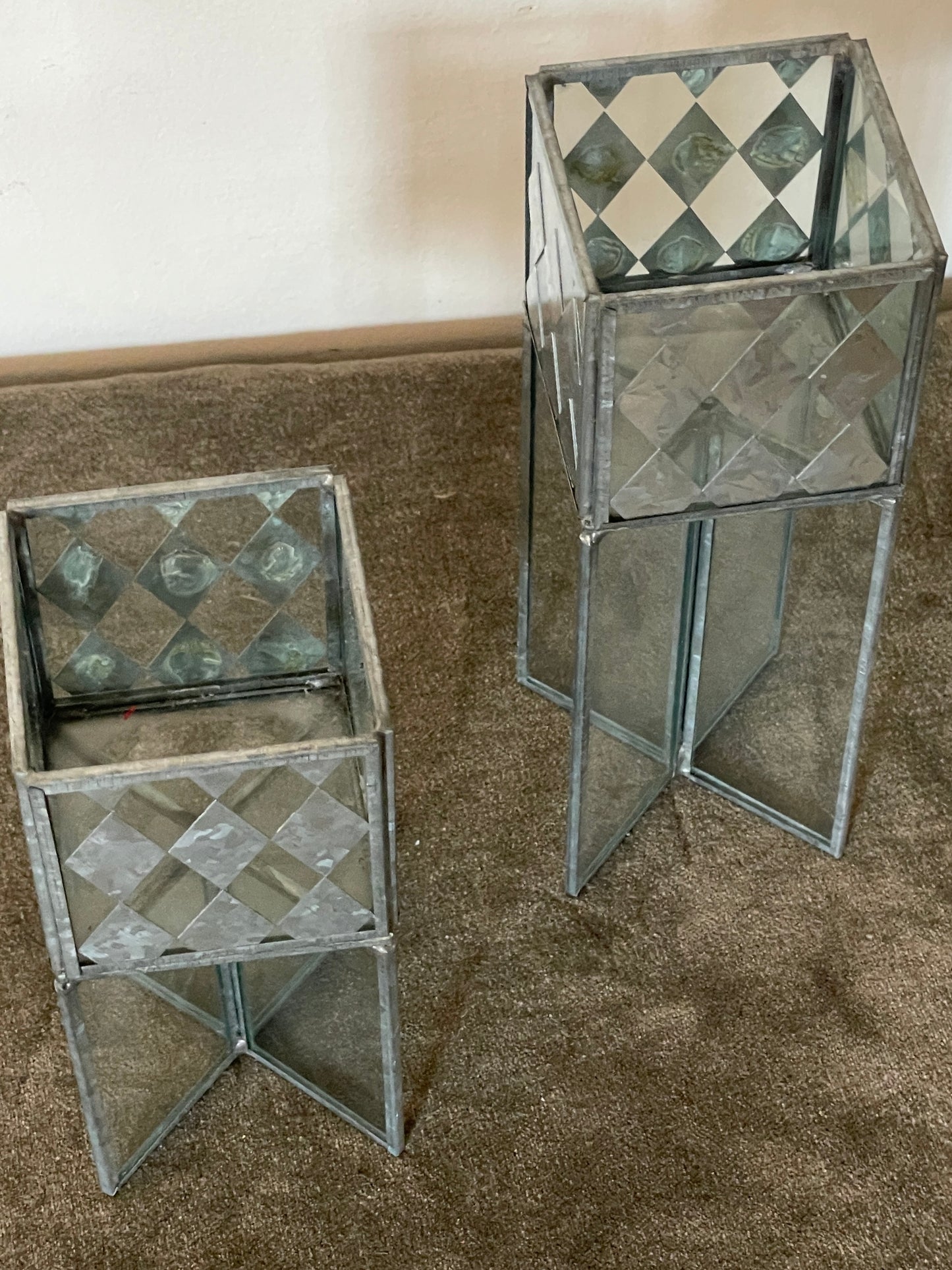 Handcrafted Diamond Metal and Glass Cubed Candle Podiums sold as a pair of 2