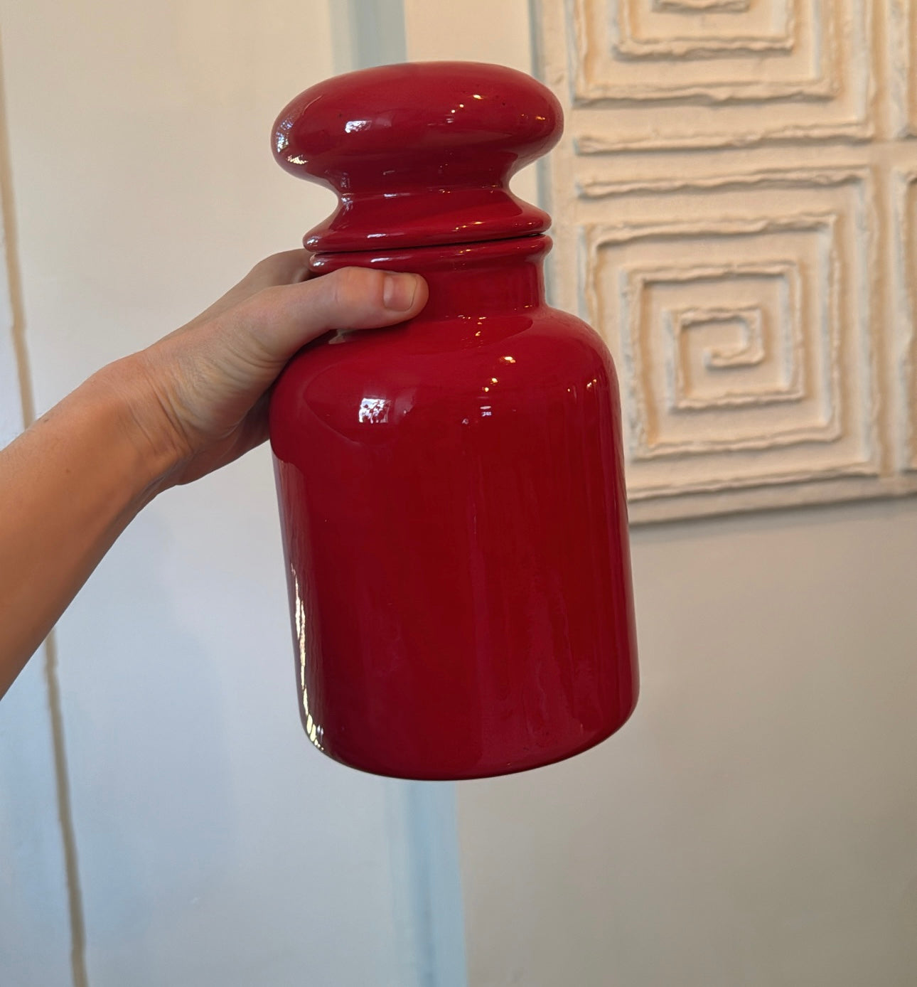 Rare 60’s Red Opaque Ceramic Lidded Apothecary Jar