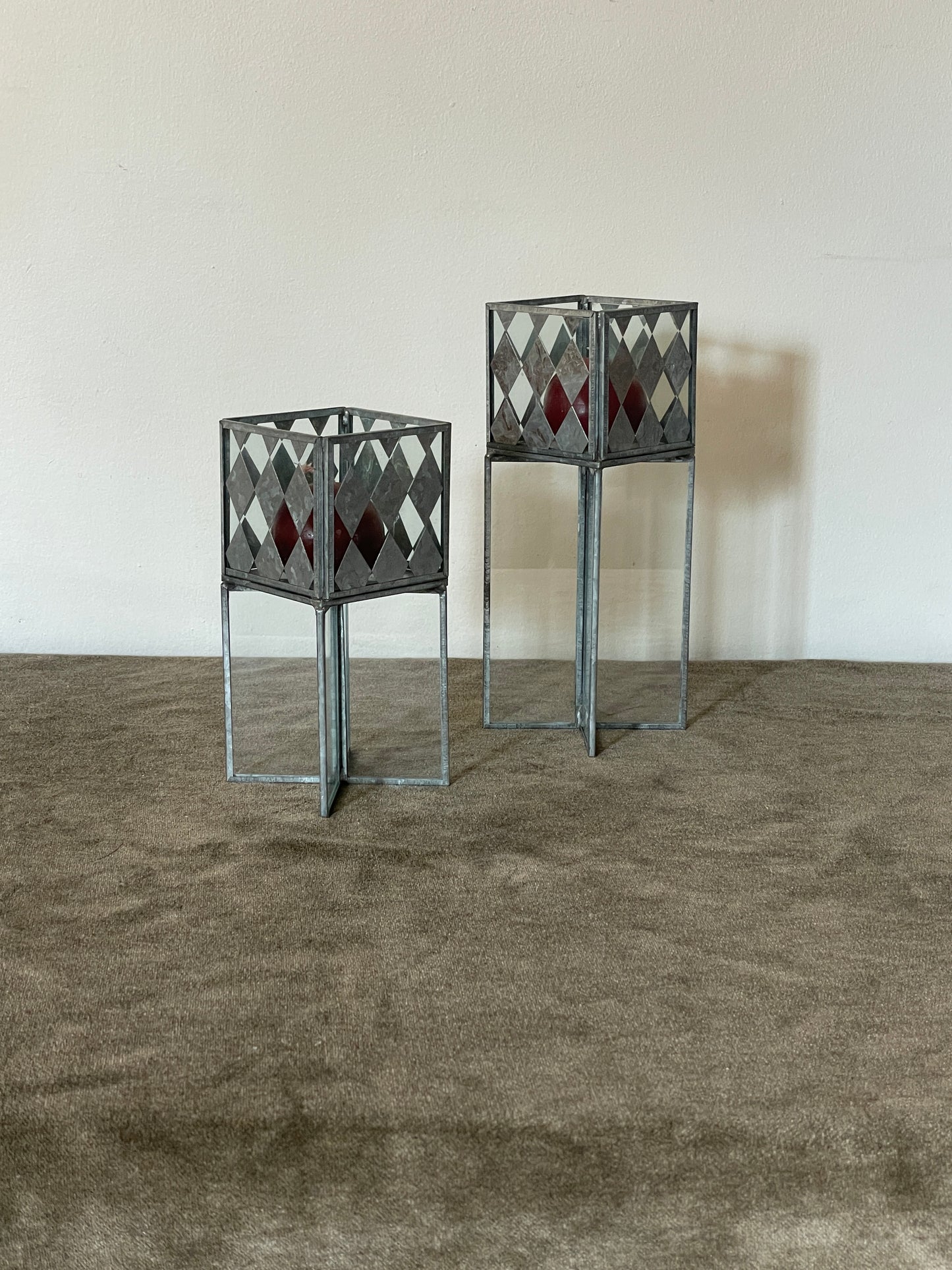 Handcrafted Diamond Metal and Glass Cubed Candle Podiums sold as a pair of 2