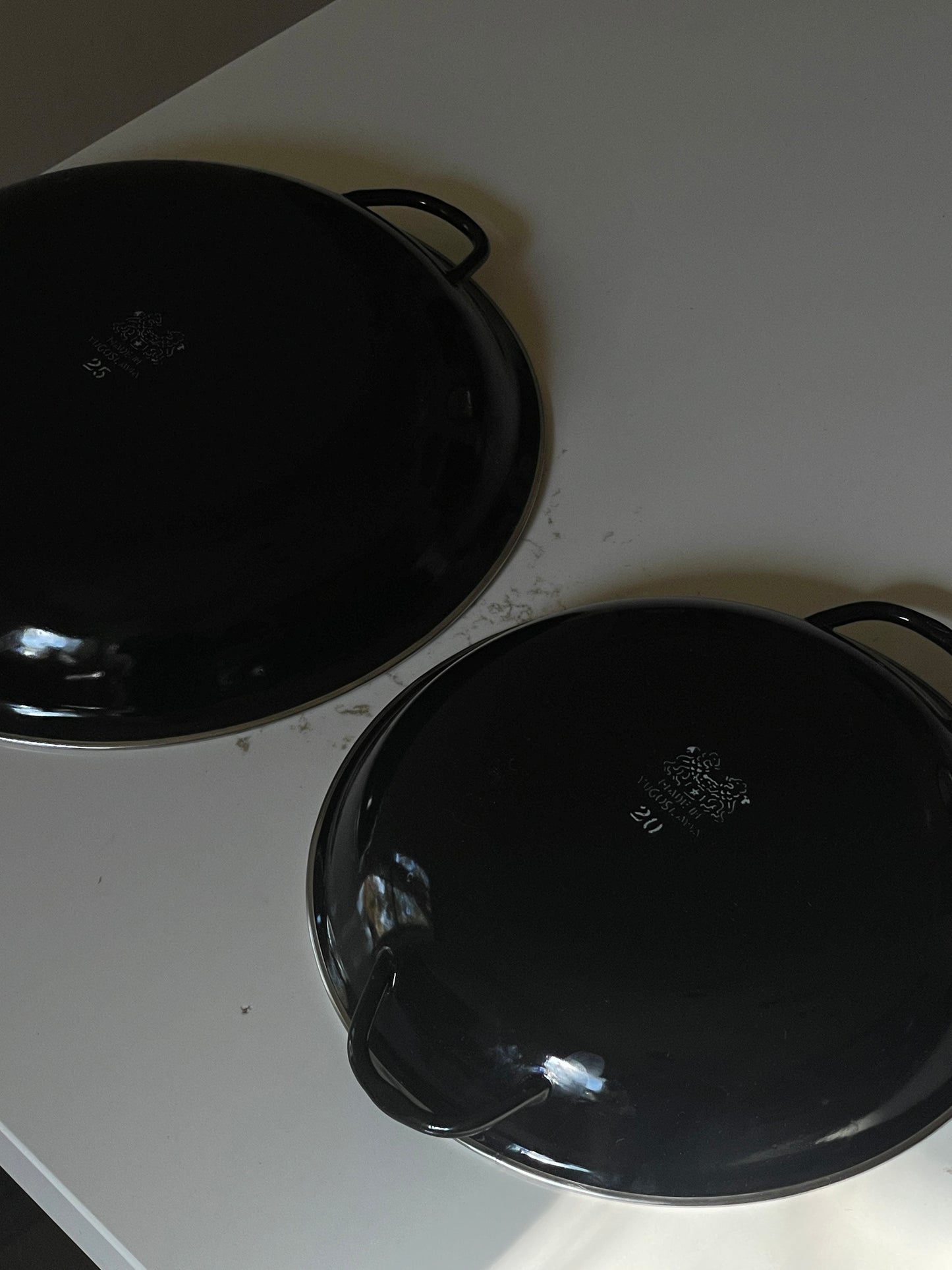 Vintage Midcentury Yugoslavian Red and Yellow Enamel Pans