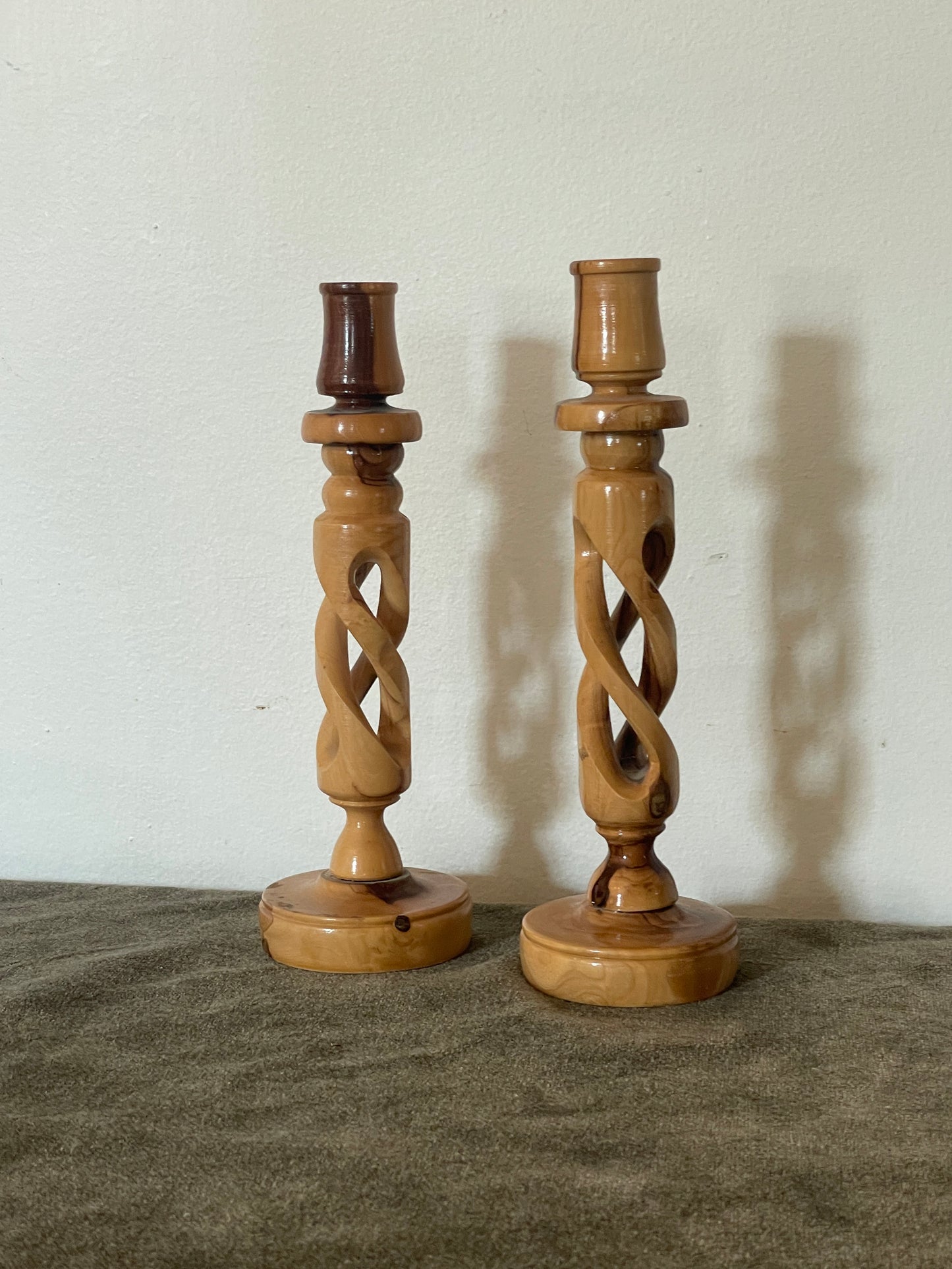 Carved Olive Wood Twisted Candlestick Holder - Sold as a pair of 2