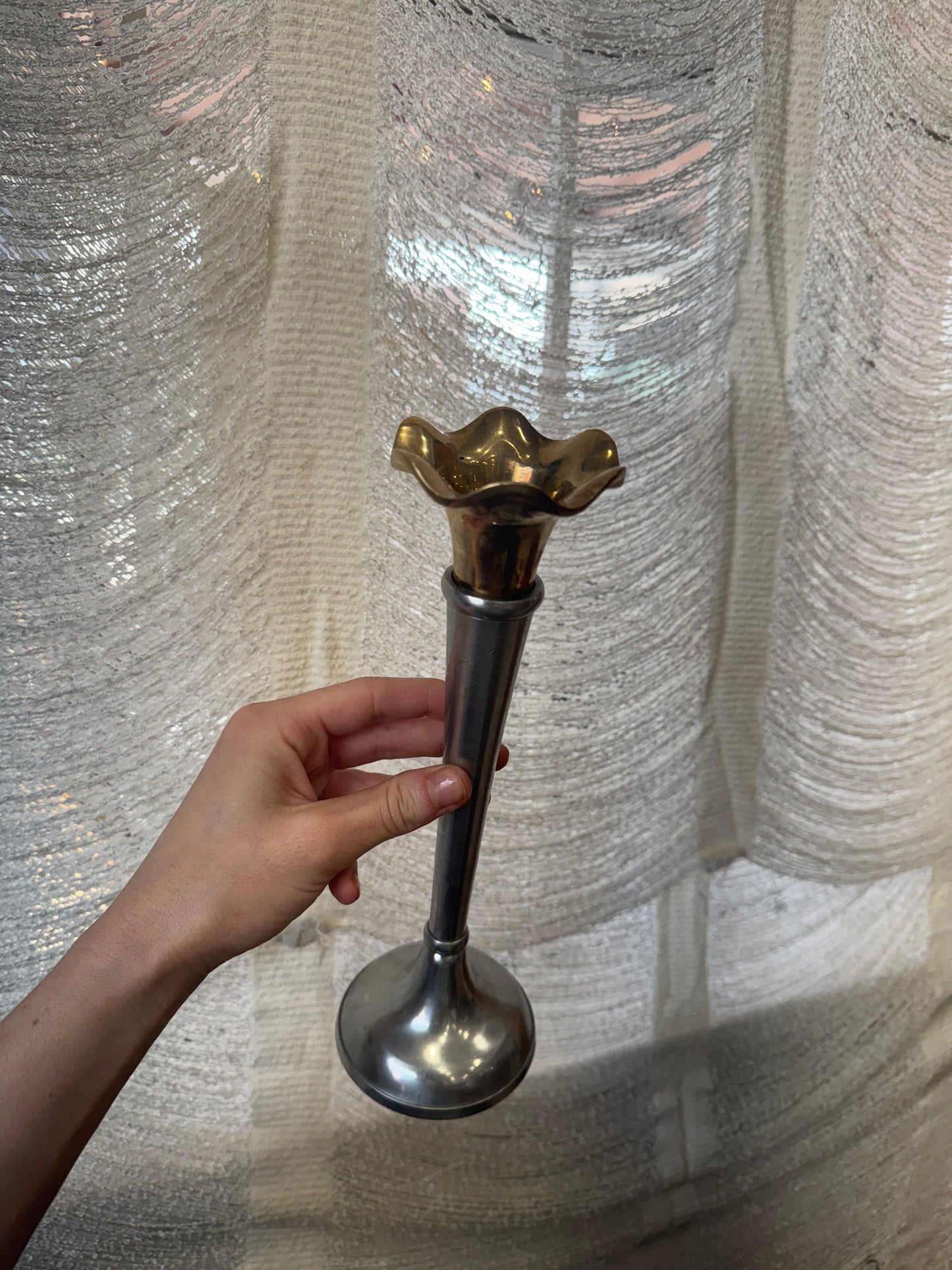 Pair of Brass & Silver Alum Ruffle Top Taper Candle Holders
