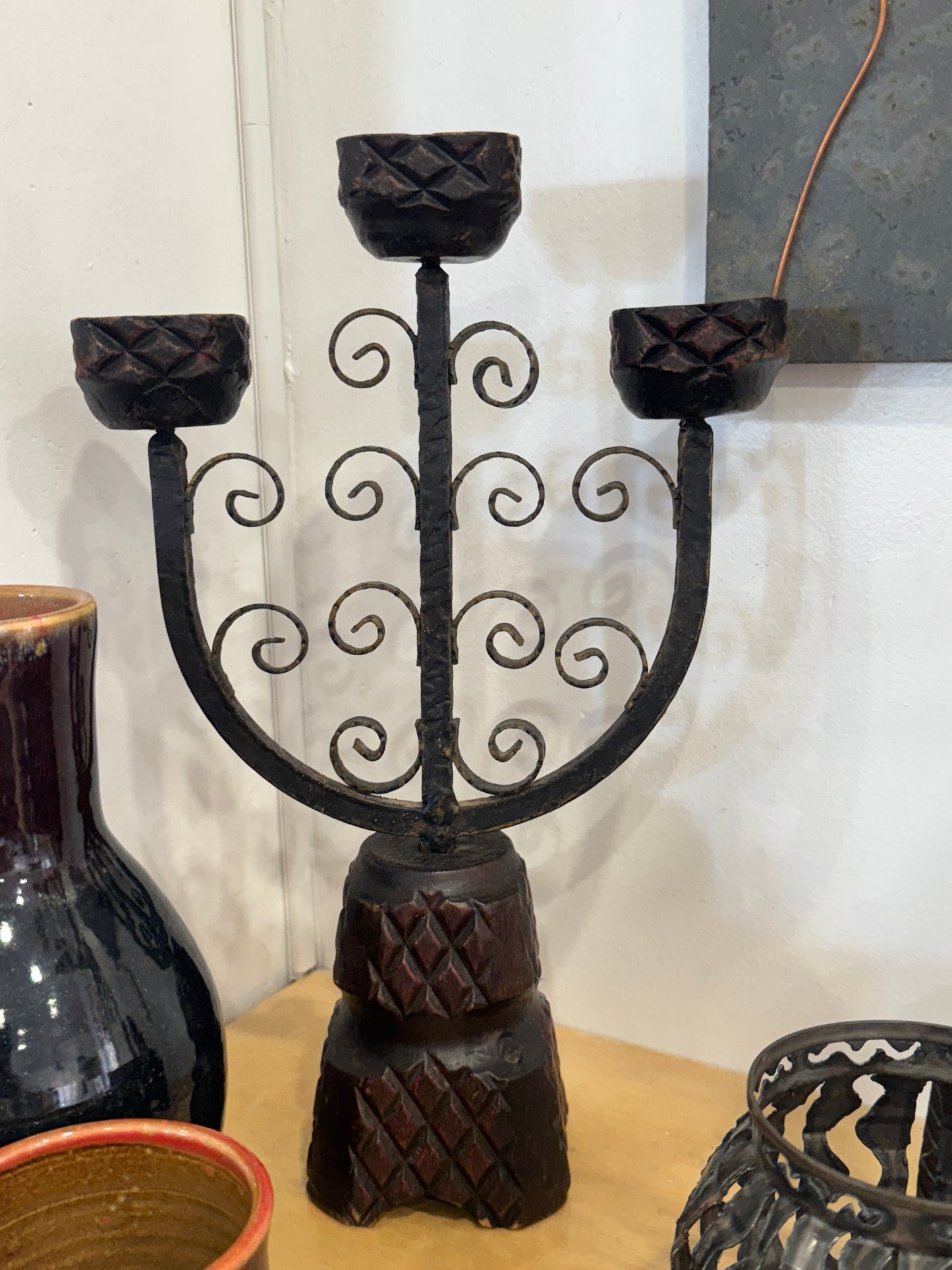 Vintage Wood Carved, Medieval Inspired Scroll Iron Work, Tri-head Candelabra