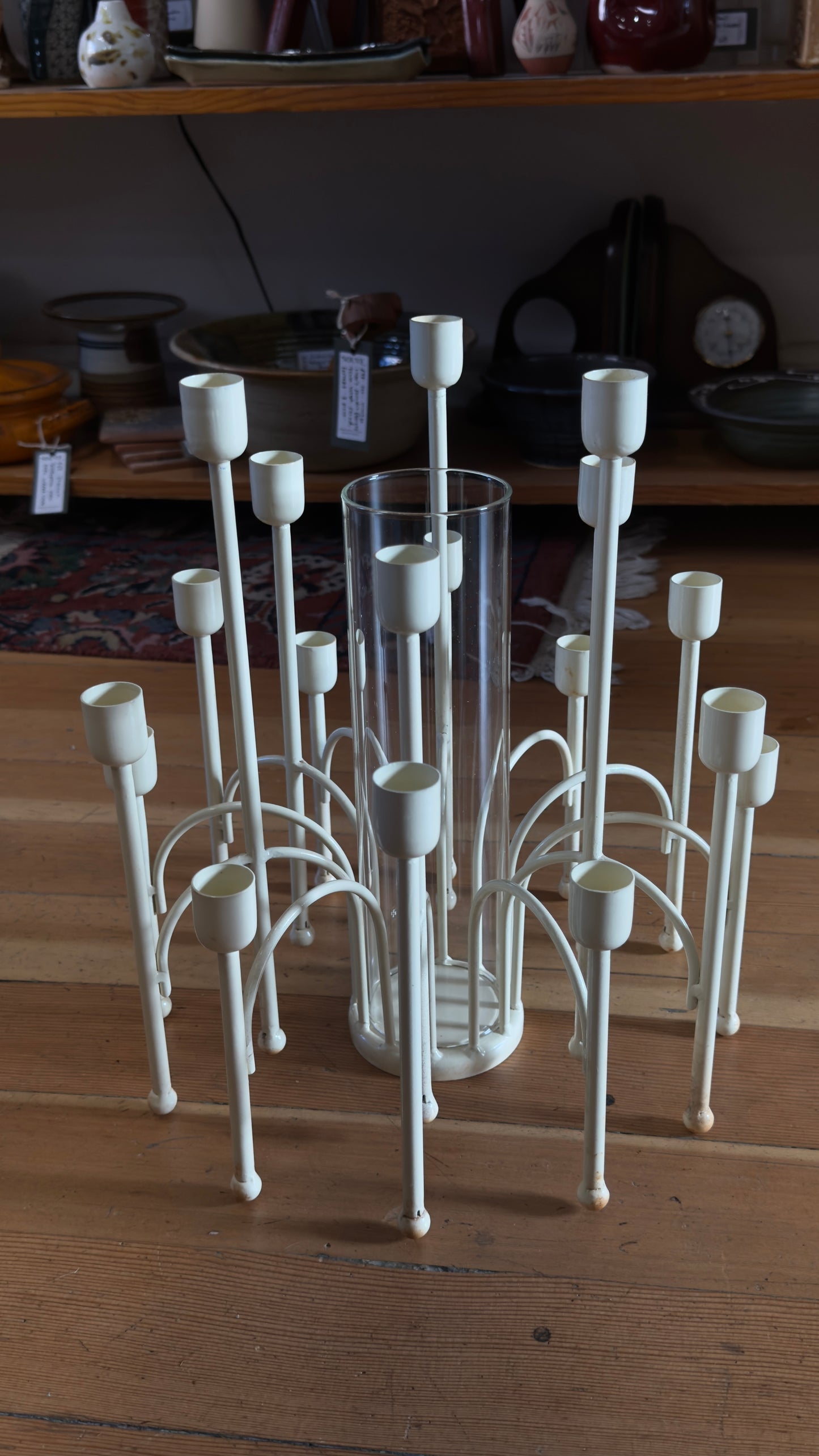 Vintage French Countryside White Metal 18 Head Candelabra with Glass Dry Vase Center