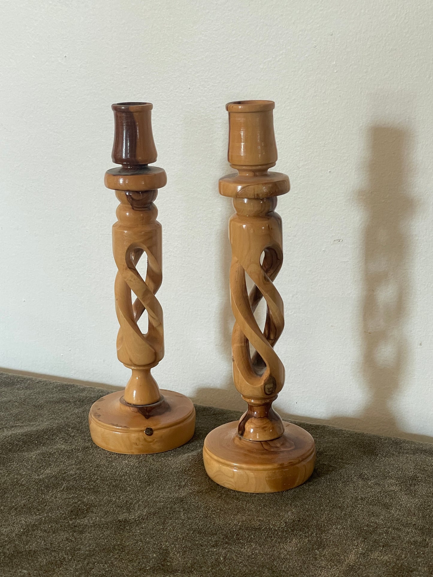 Carved Olive Wood Twisted Candlestick Holder - Sold as a pair of 2