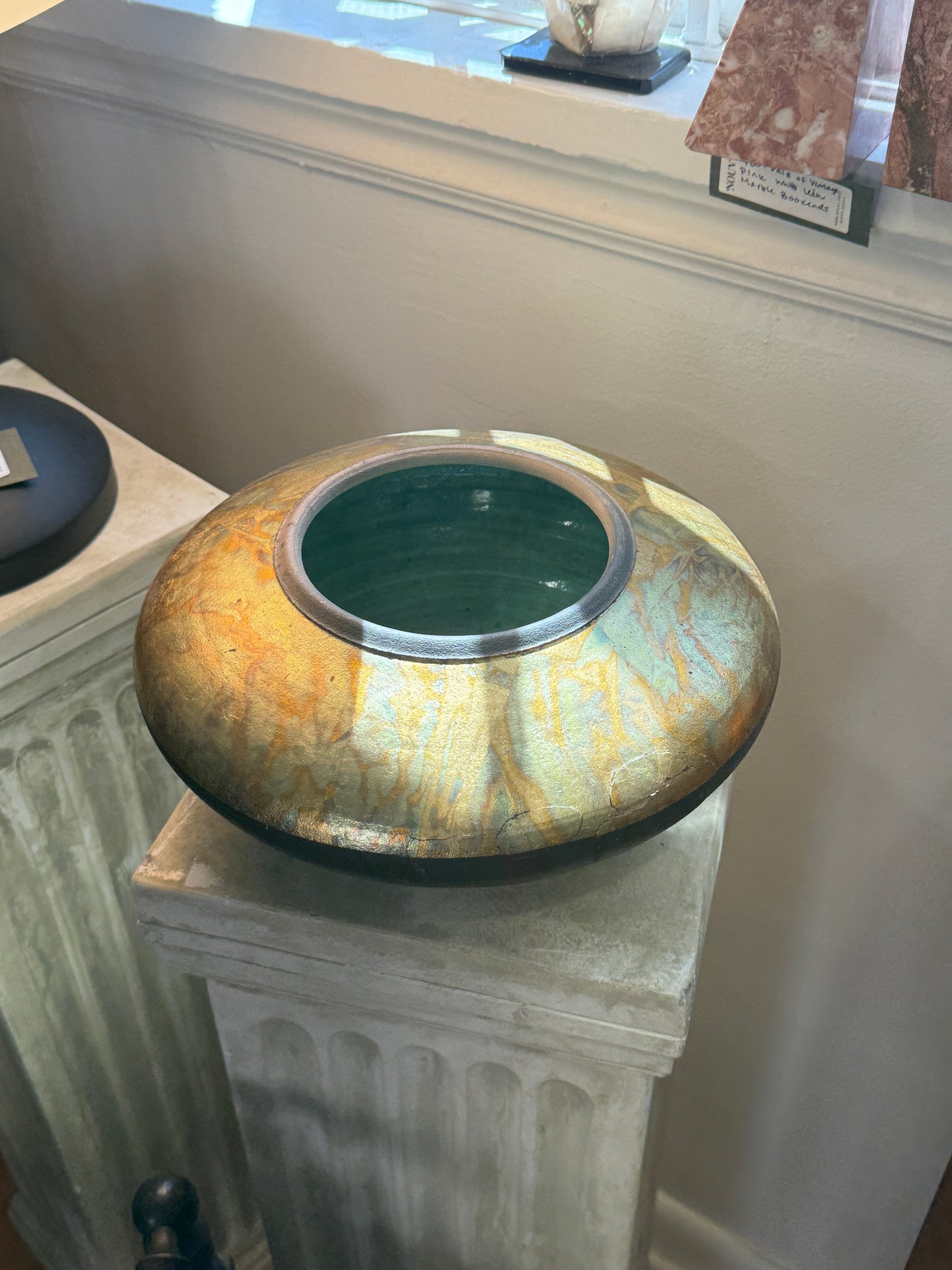 Signed 1970 Wabi Sabi Raku Fired Black & Gold Vase by Michael Weinberg