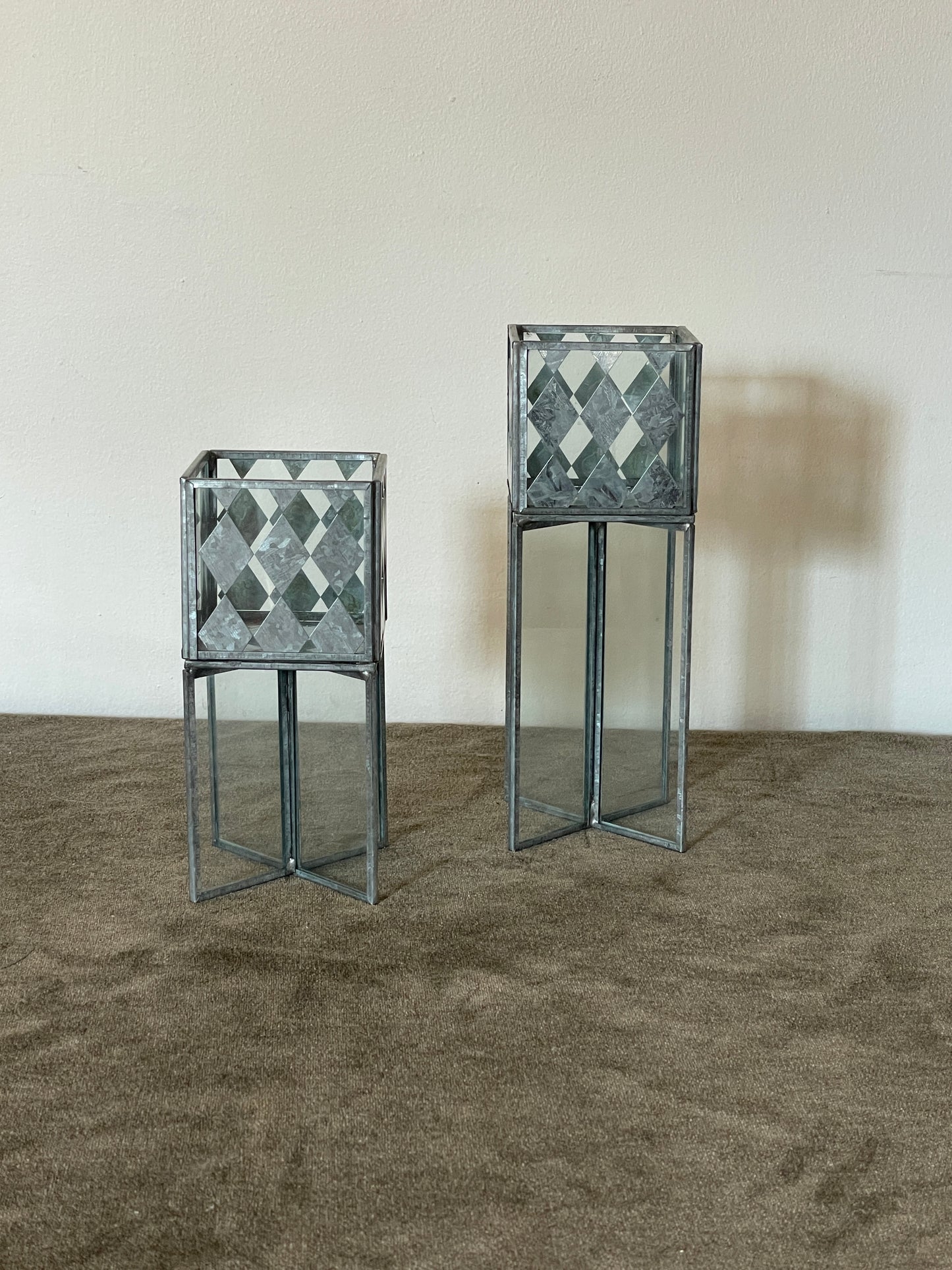 Handcrafted Diamond Metal and Glass Cubed Candle Podiums sold as a pair of 2