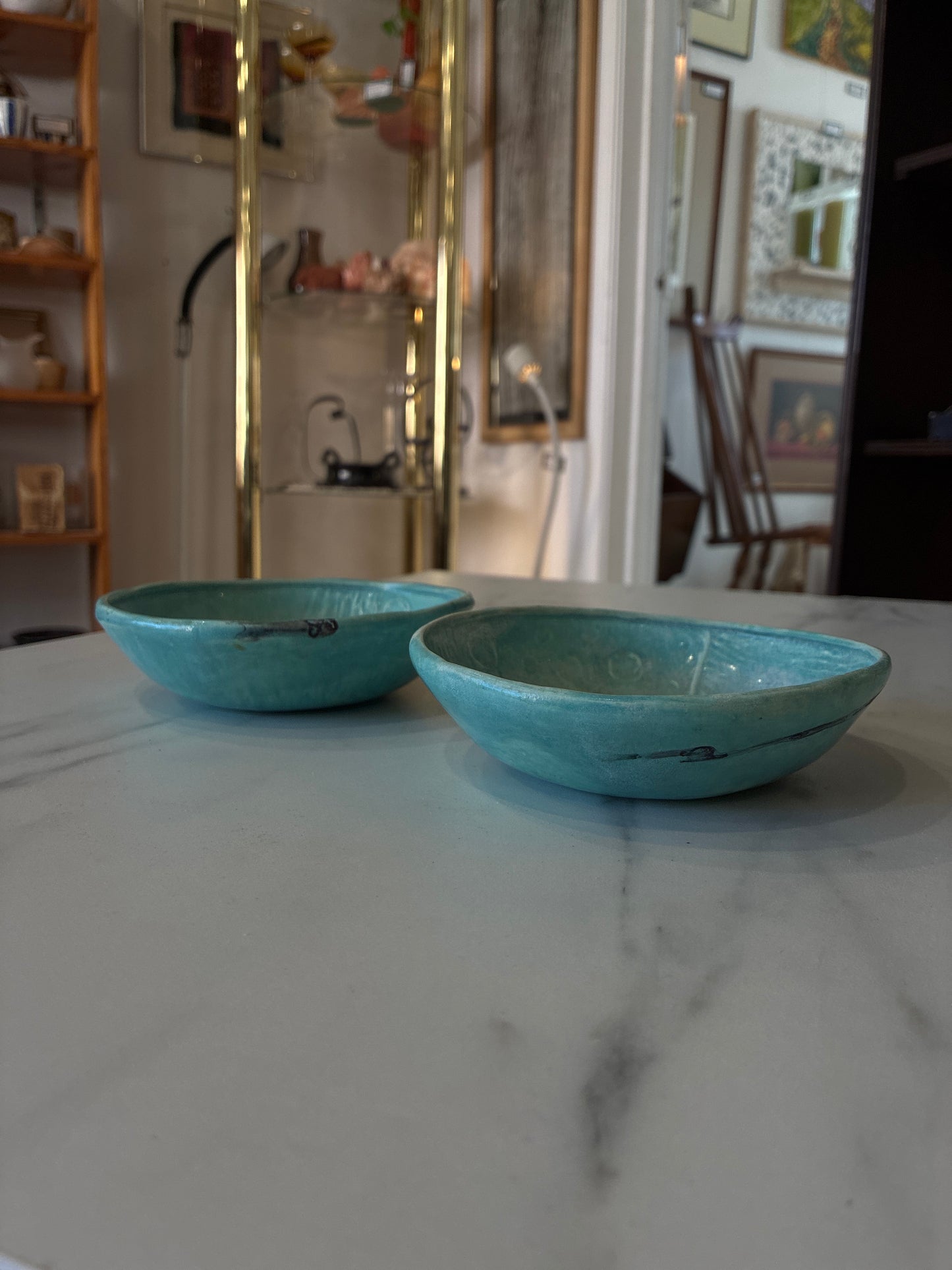 Pair of Handmade Teal Glazed Sculptured Bowls with Interior Designs