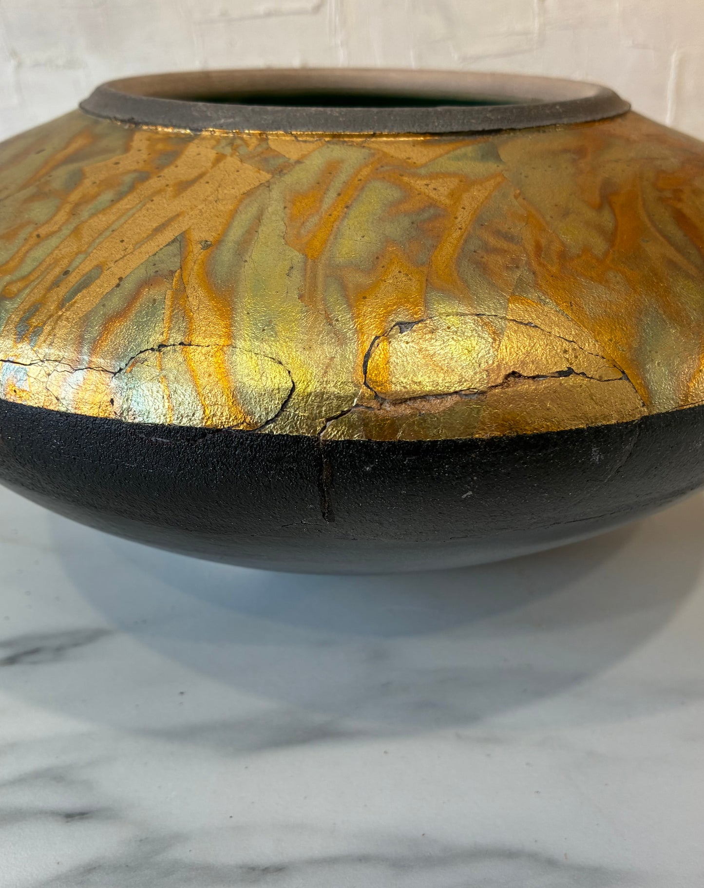 Signed 1970 Wabi Sabi Raku Fired Black & Gold Vase by Michael Weinberg