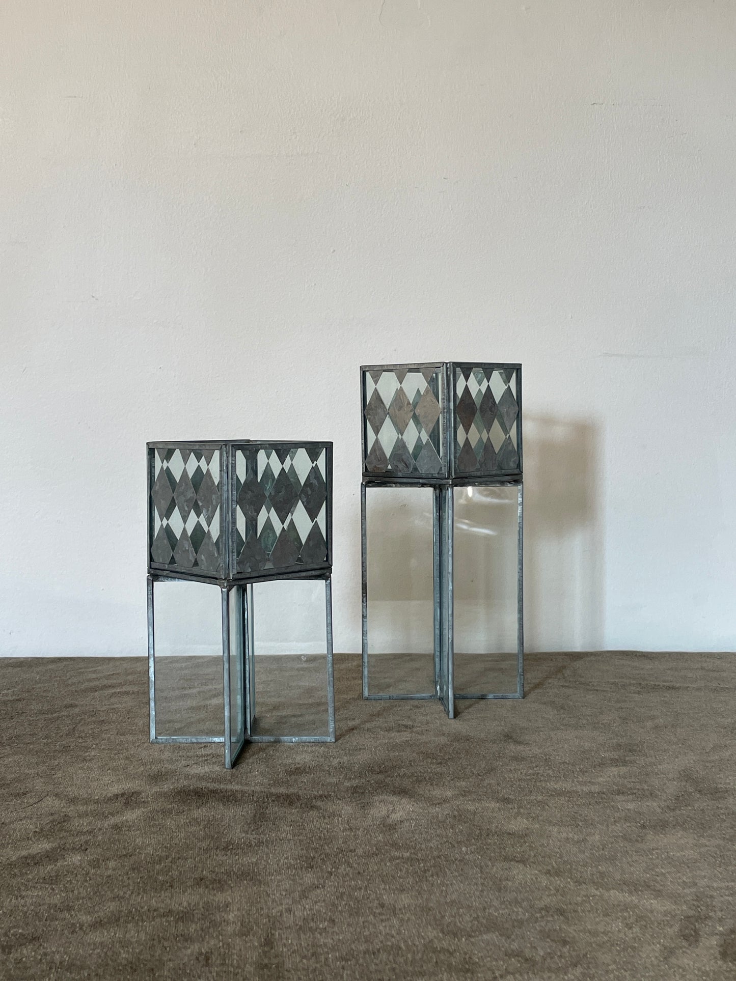 Handcrafted Diamond Metal and Glass Cubed Candle Podiums sold as a pair of 2