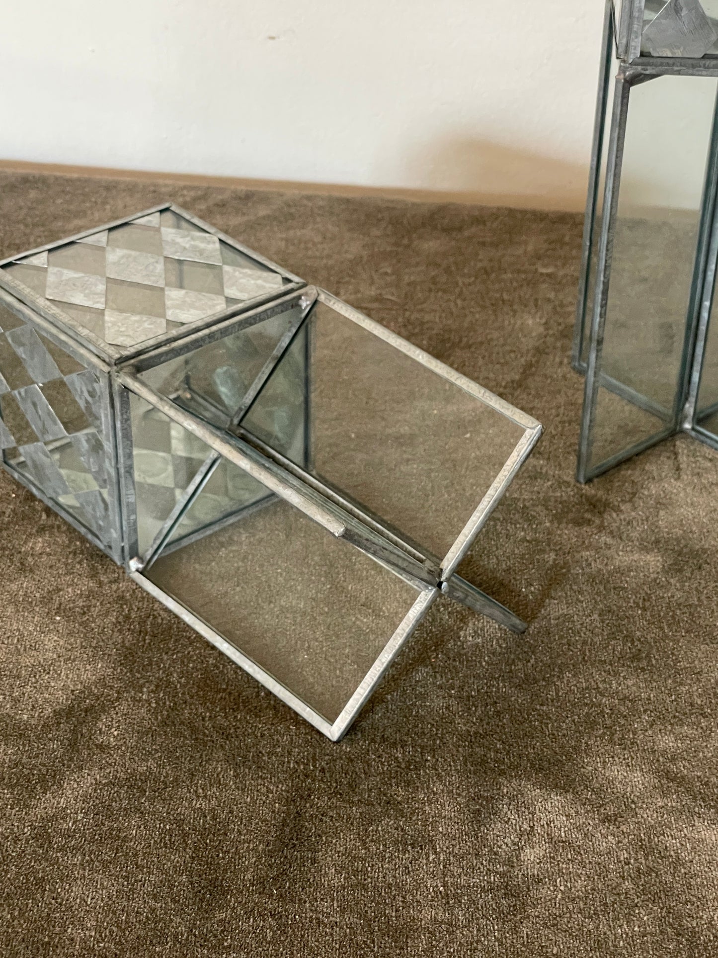 Handcrafted Diamond Metal and Glass Cubed Candle Podiums sold as a pair of 2