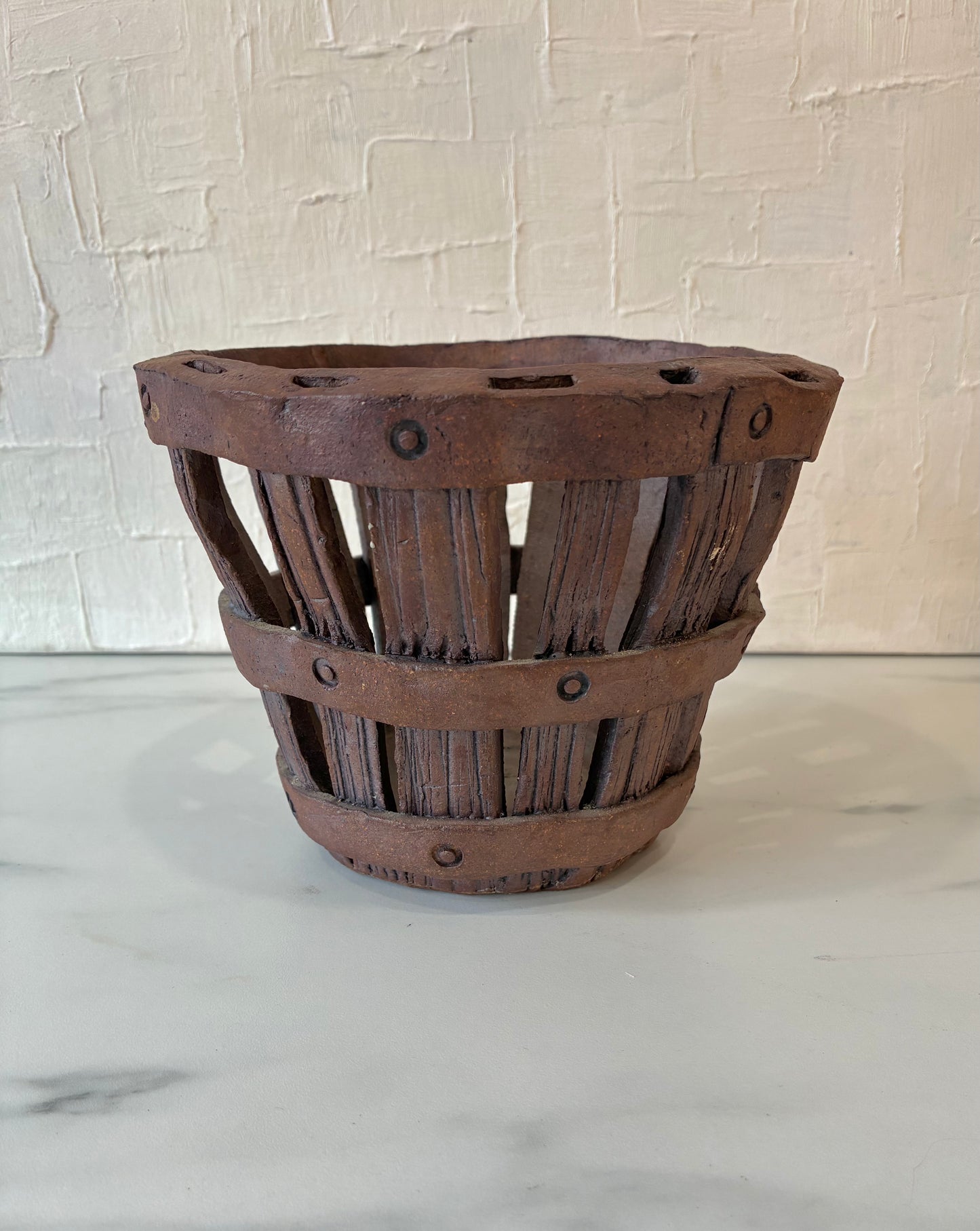 Signed Ceramic Woven Berry Basket w/ Carved Detail Work