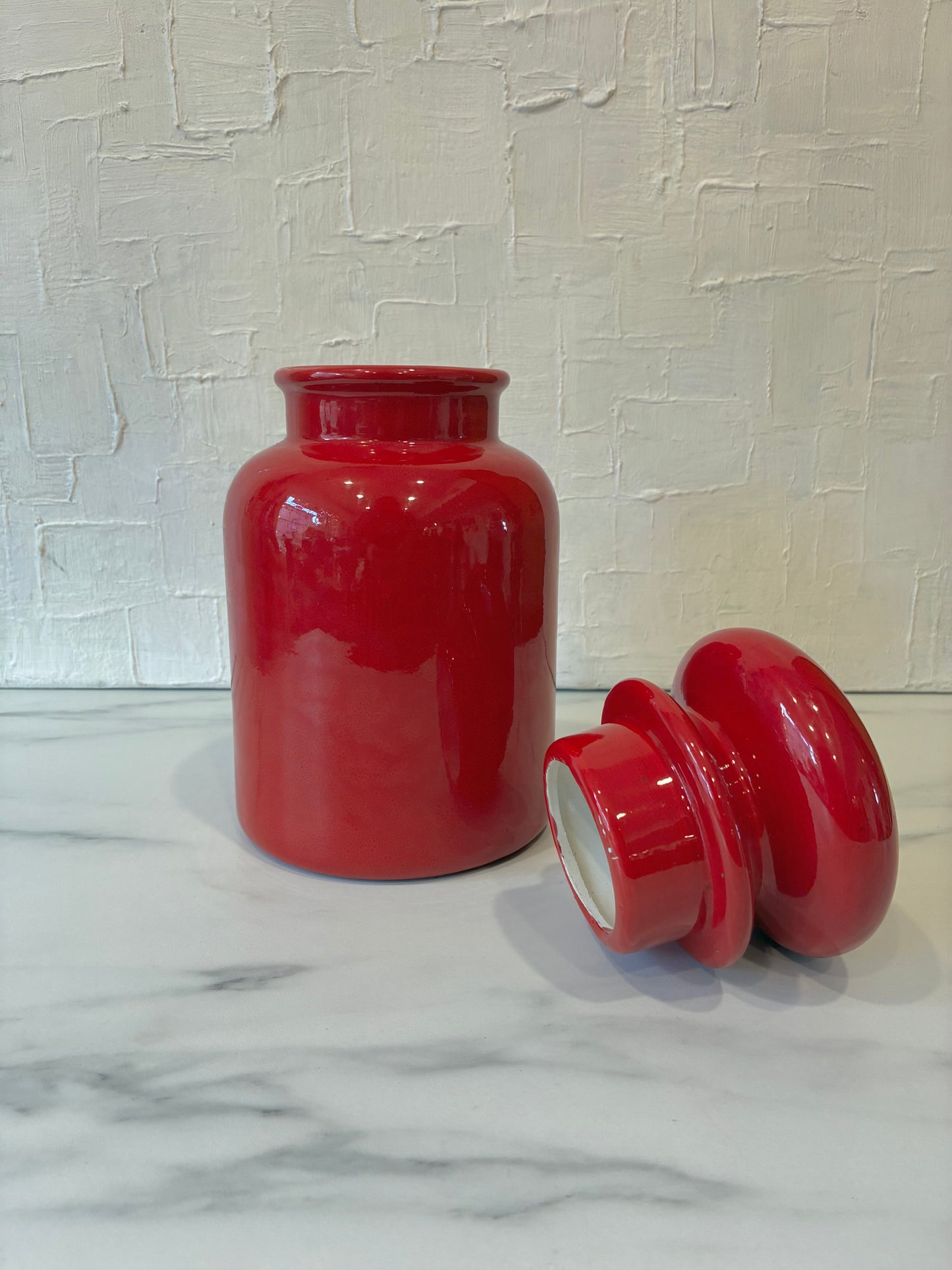 Rare 60’s Red Opaque Ceramic Lidded Apothecary Jar