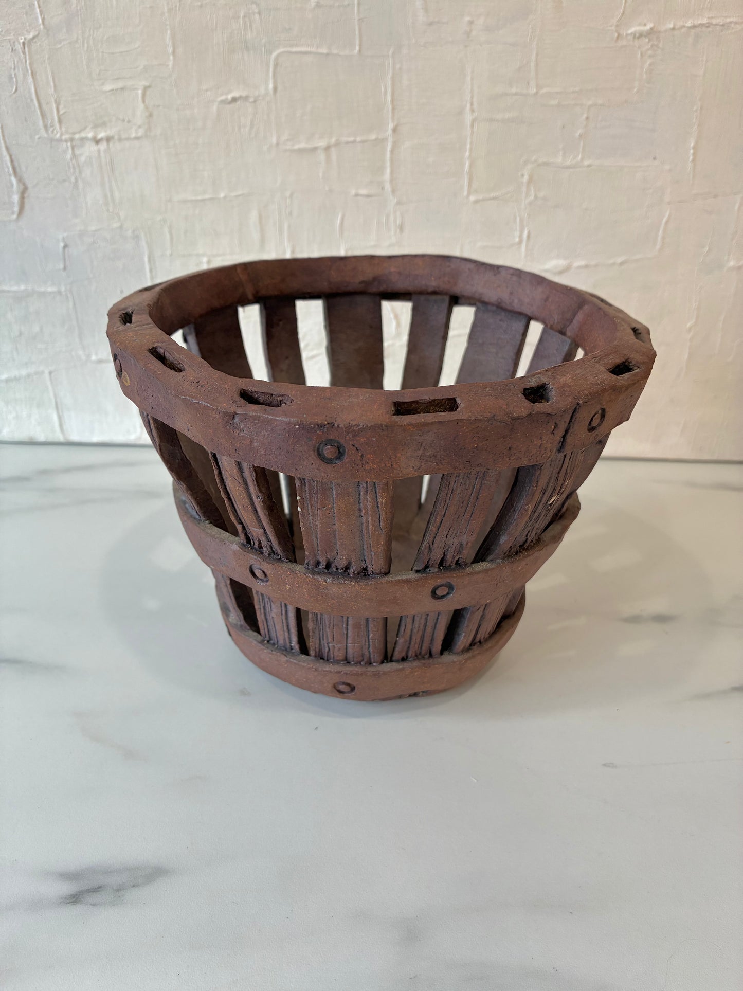 Signed Ceramic Woven Berry Basket w/ Carved Detail Work