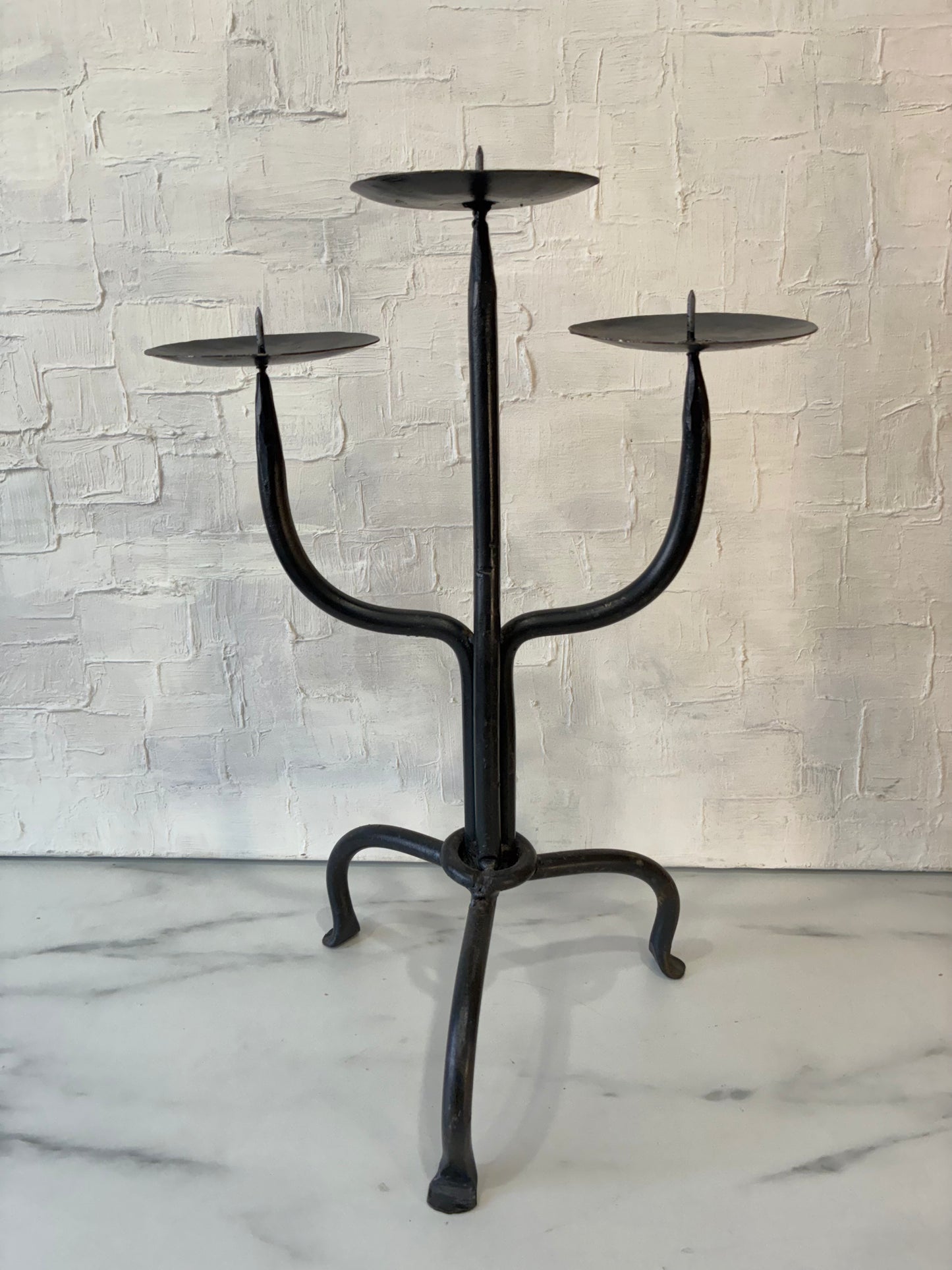 Handcrafted Welded Steel Tri-foot and Tri-head Candelabra