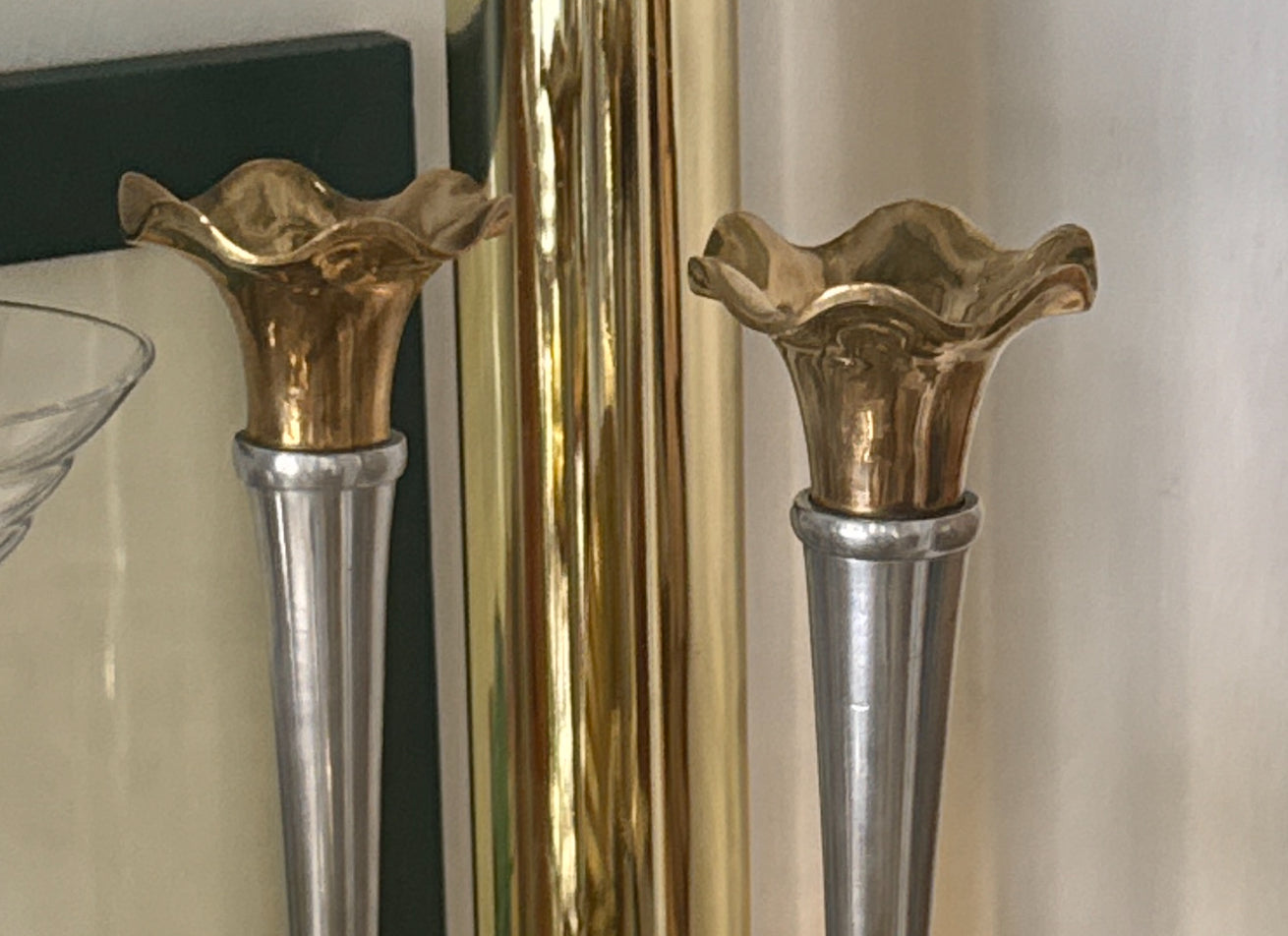 Pair of Brass & Silver Alum Ruffle Top Taper Candle Holders