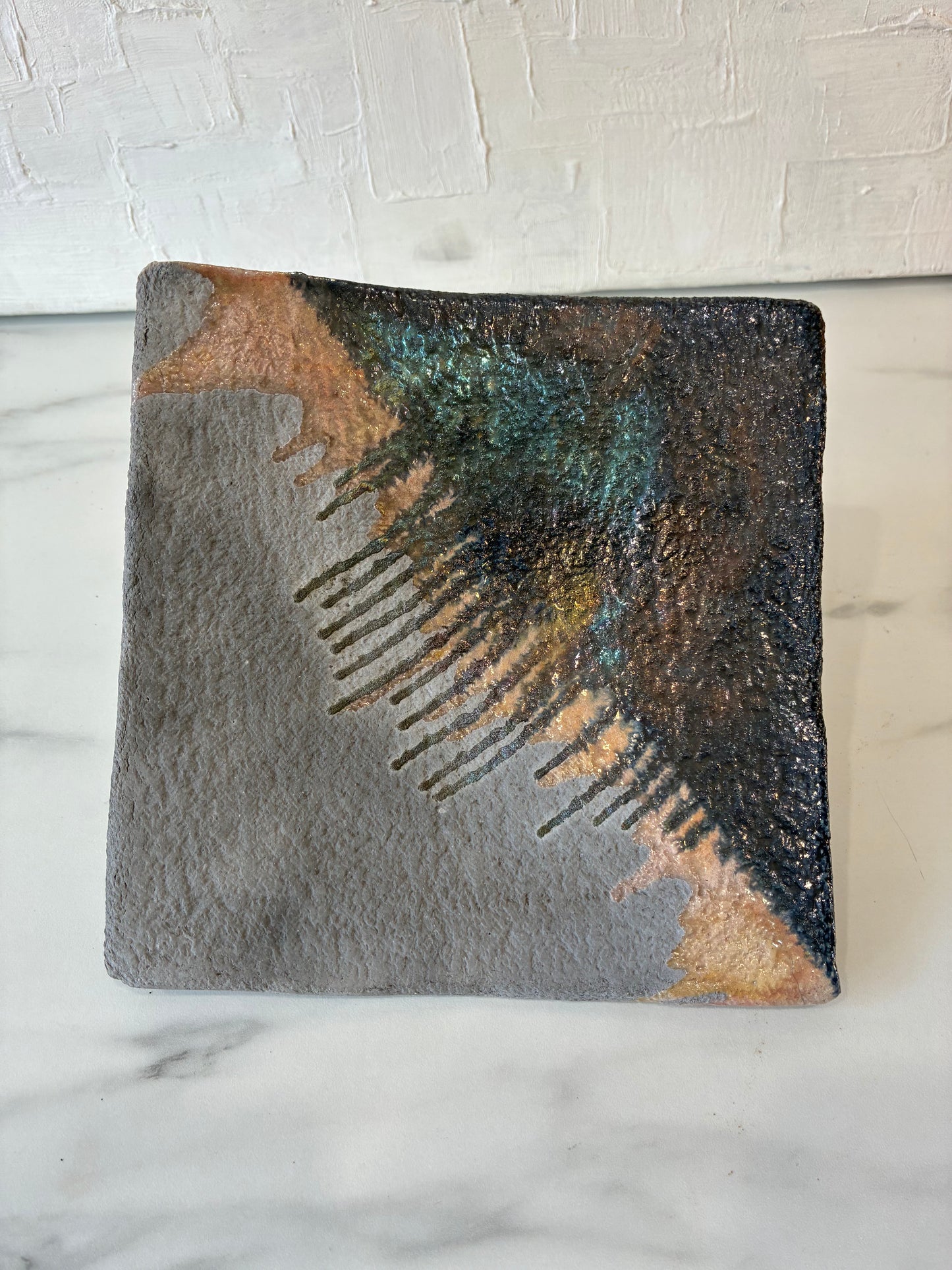 Dissim Raku Fired Blue Dry Drip Glazed Footed Plate Catch-all