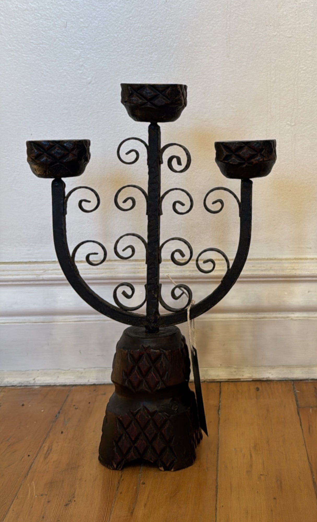 Vintage Wood Carved, Medieval Inspired Scroll Iron Work, Tri-head Candelabra