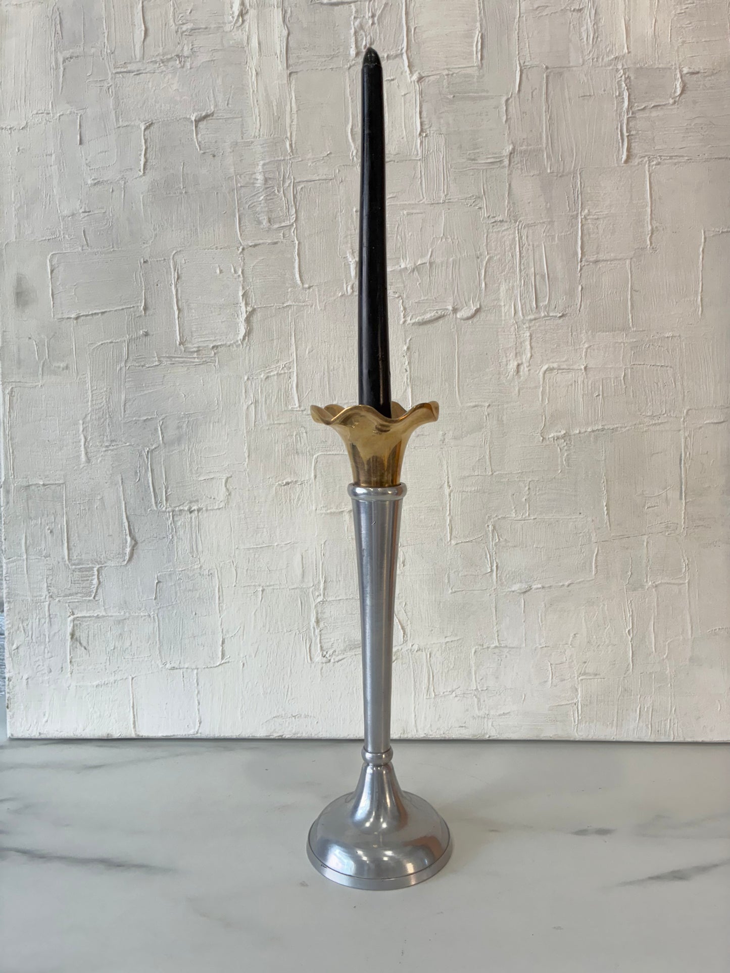 Pair of Brass & Silver Alum Ruffle Top Taper Candle Holders
