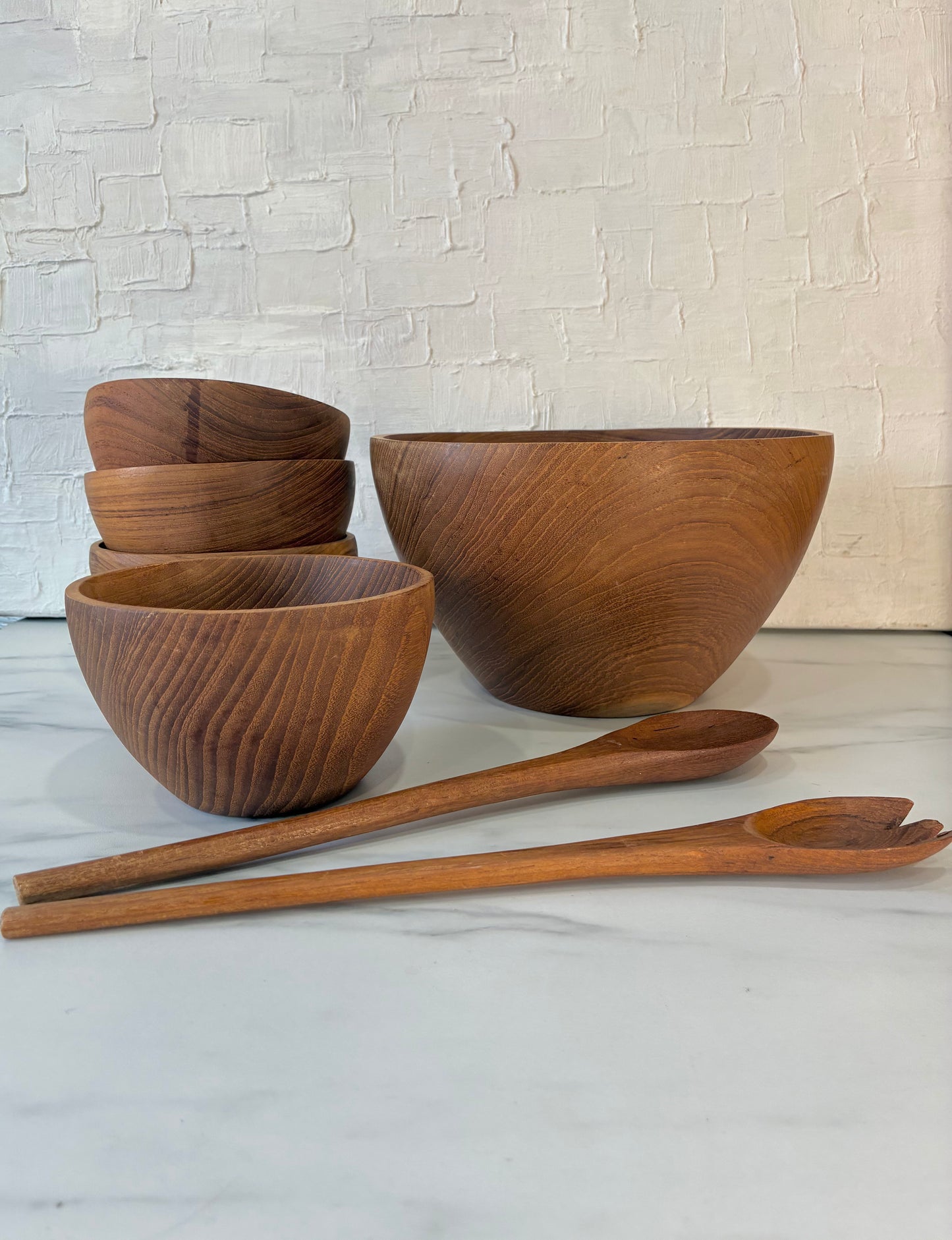 7 Piece MCM Knobler Teak Salad Bowl Set w/ Servers