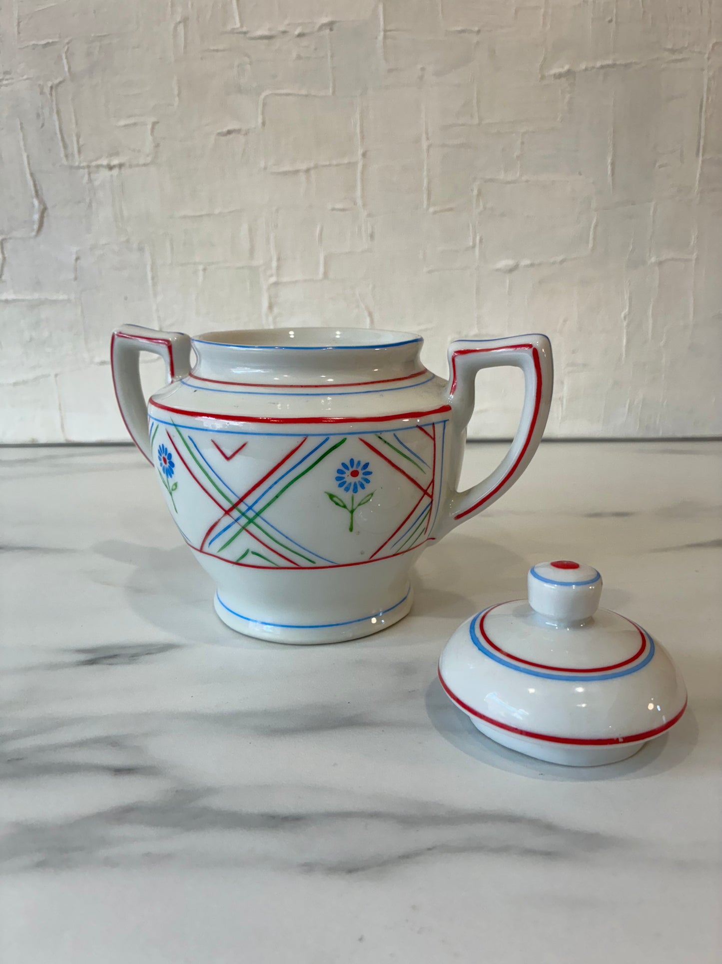 Mid-century Japanese “Daisy” Dual Handled Ceramic Sugar Pot