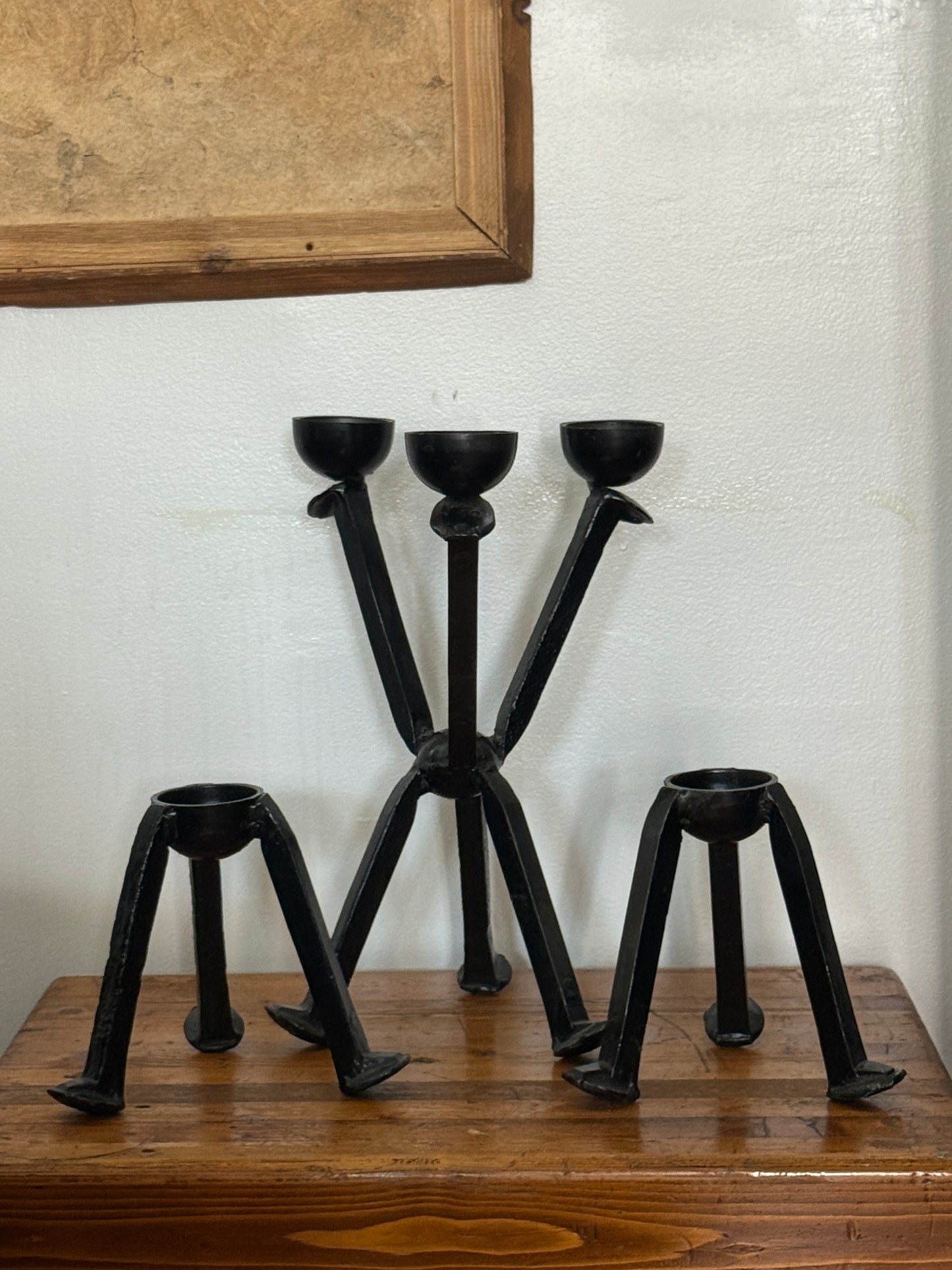 Set of 3, Handcrafted Welded Railroad Spike Iron Candelabra Tri-Head + Two Single Candle Holders
