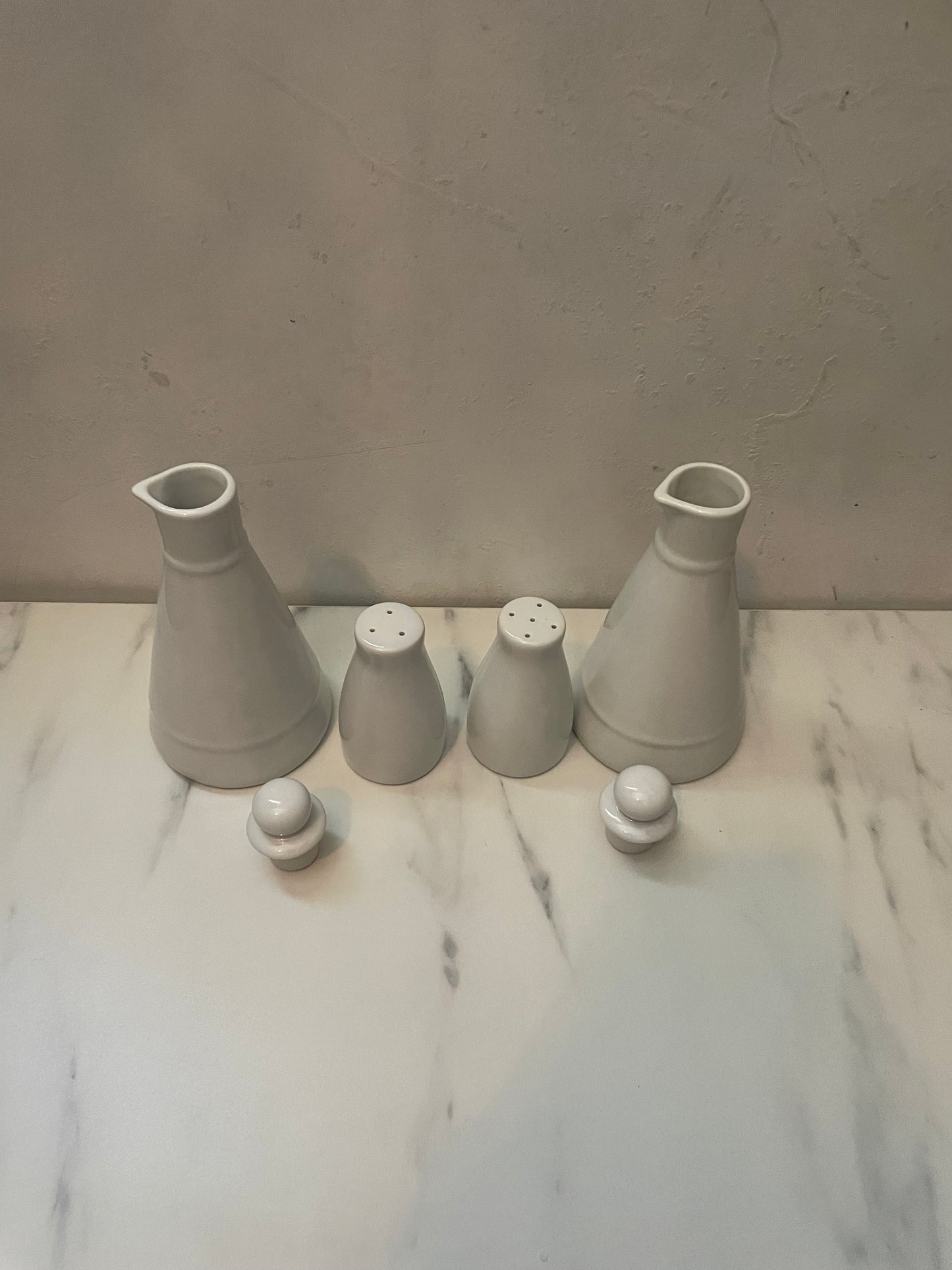 Porcelain Cruet set of olive oil, vinegar, salt and pepper shakers- sold as set