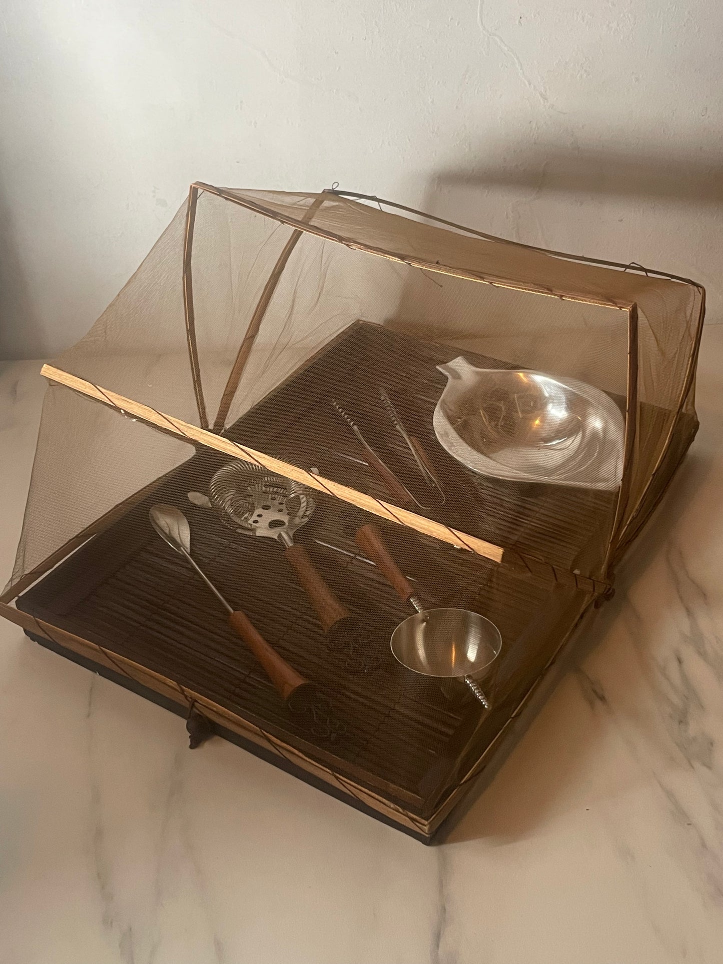 Folding Sheer Canopy Vintage Tray with Steel Tongs, Strainer, Measuring cup, Skewer, Tongs and Mixing Spoon