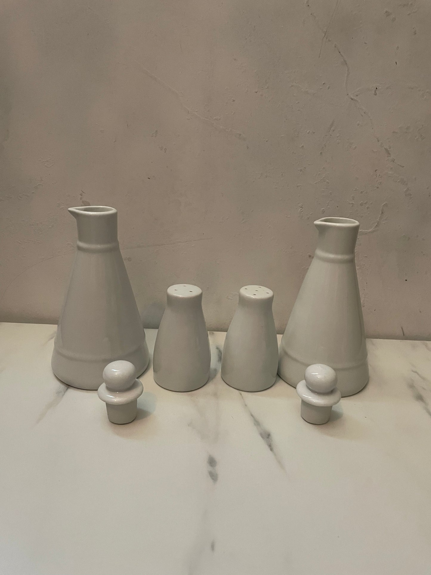 Porcelain Cruet set of olive oil, vinegar, salt and pepper shakers- sold as set