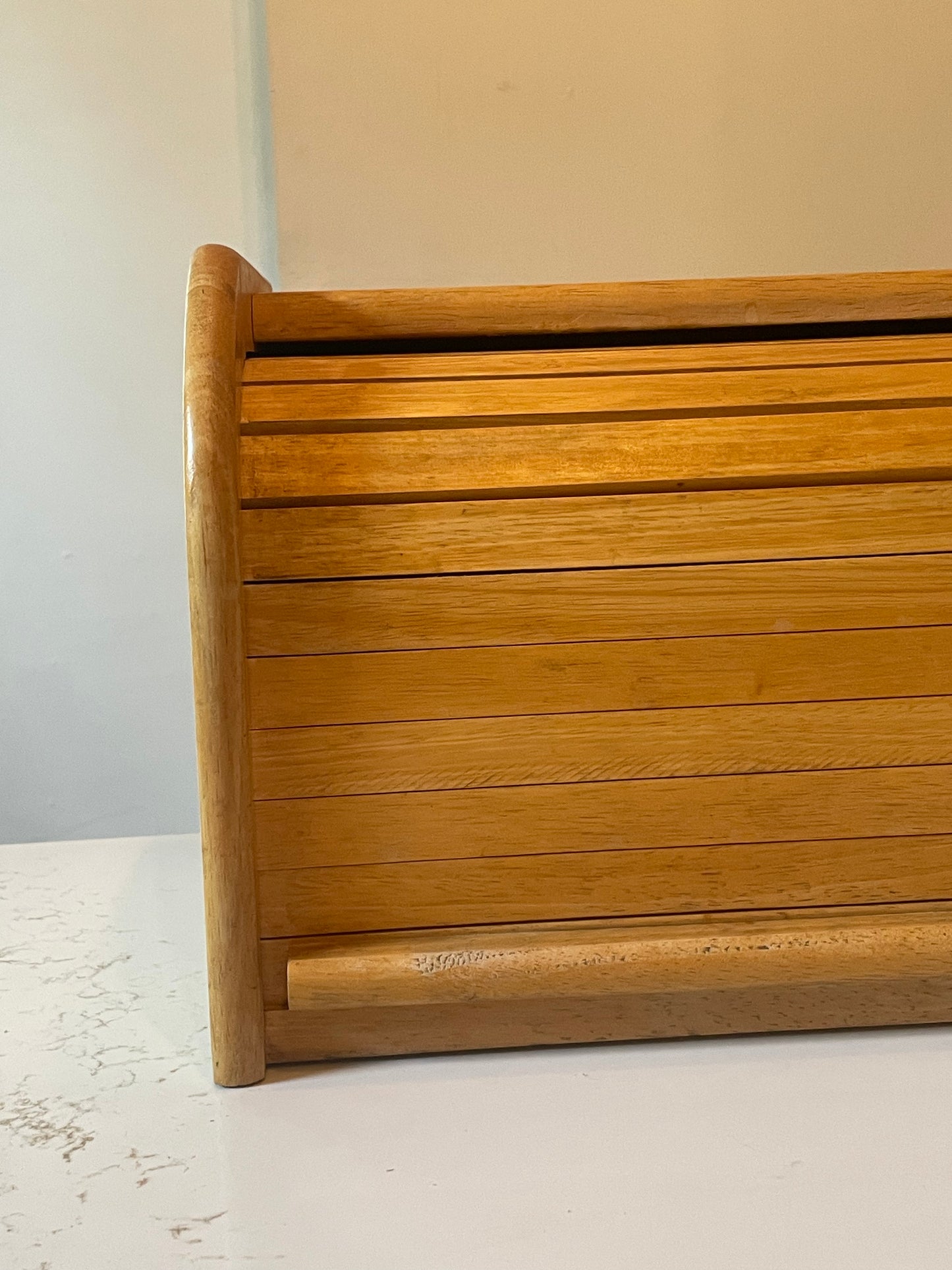 Vintage Blonde Wood Roll Top Bread Box