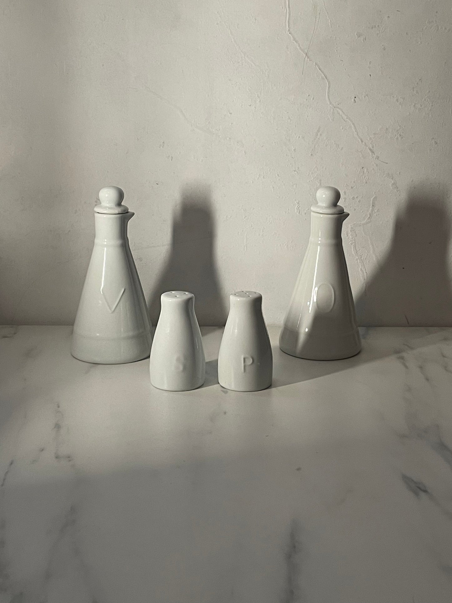 Porcelain Cruet set of olive oil, vinegar, salt and pepper shakers- sold as set