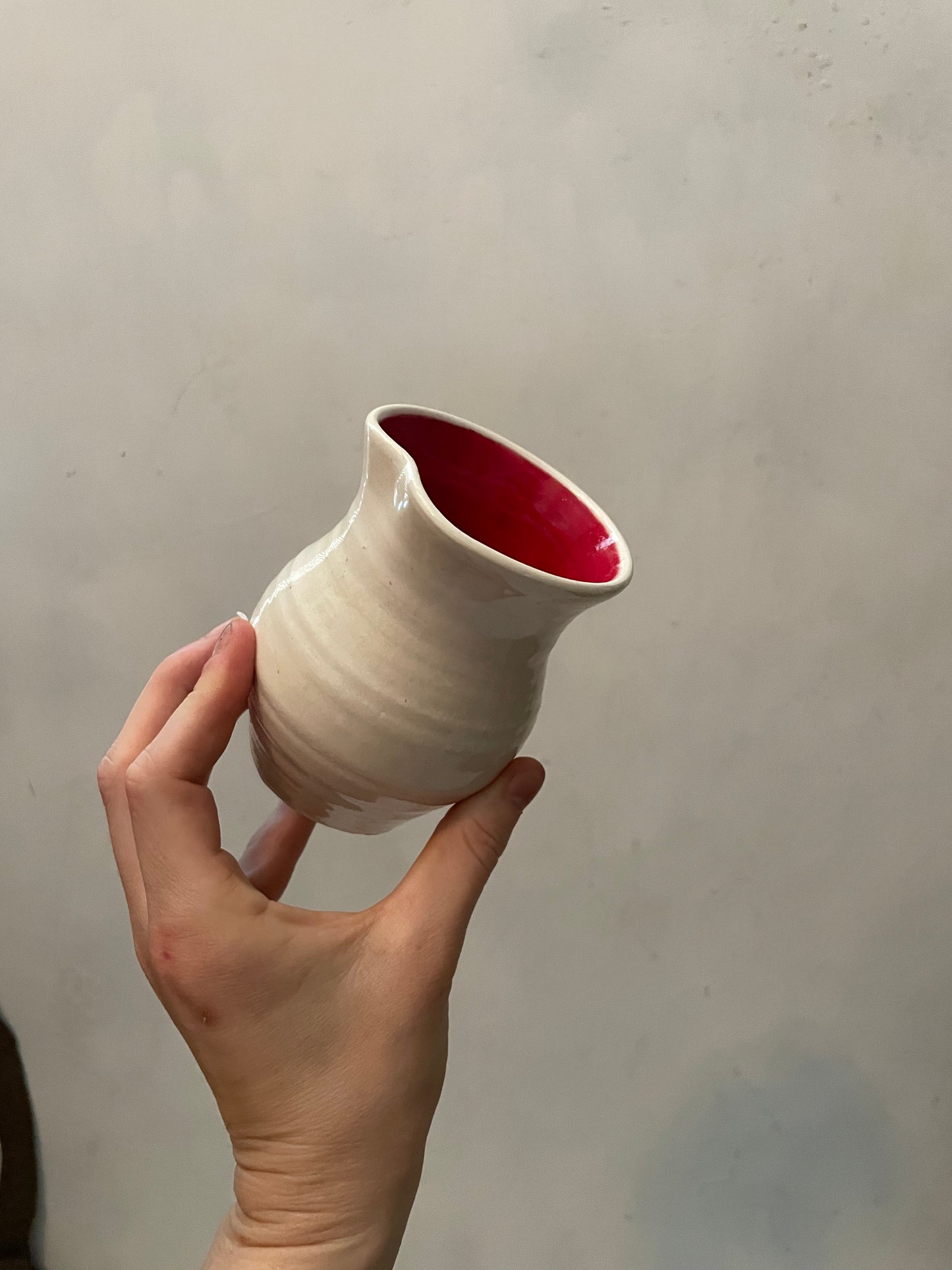 Cream Dimpled Vase with Red Interior Glaze