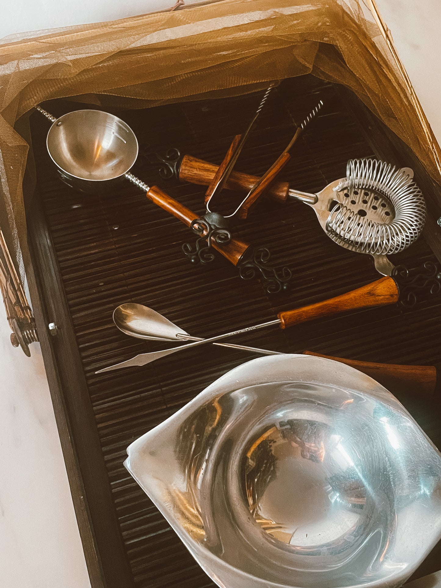 Folding Sheer Canopy Vintage Tray with Steel Tongs, Strainer, Measuring cup, Skewer, Tongs and Mixing Spoon