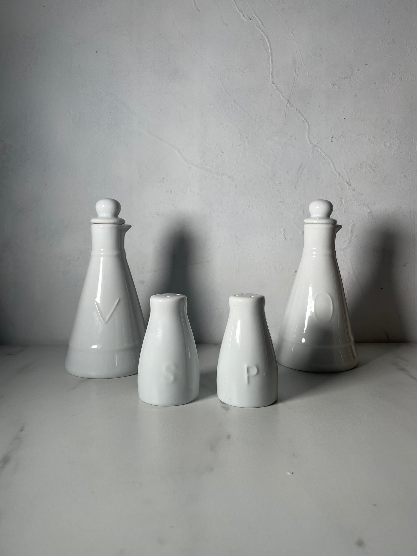 Porcelain Cruet set of olive oil, vinegar, salt and pepper shakers- sold as set
