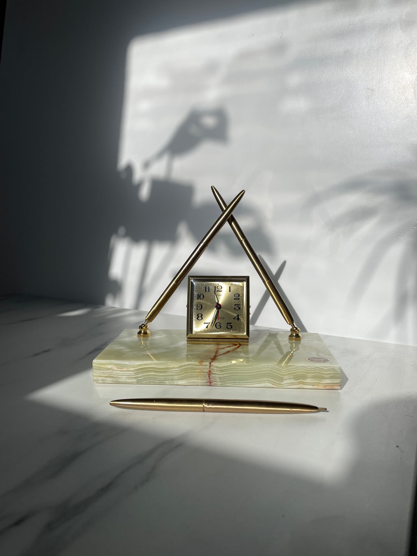 Scottco Green Onyx Desk Clock and Pen Set (3 pens) Original Box