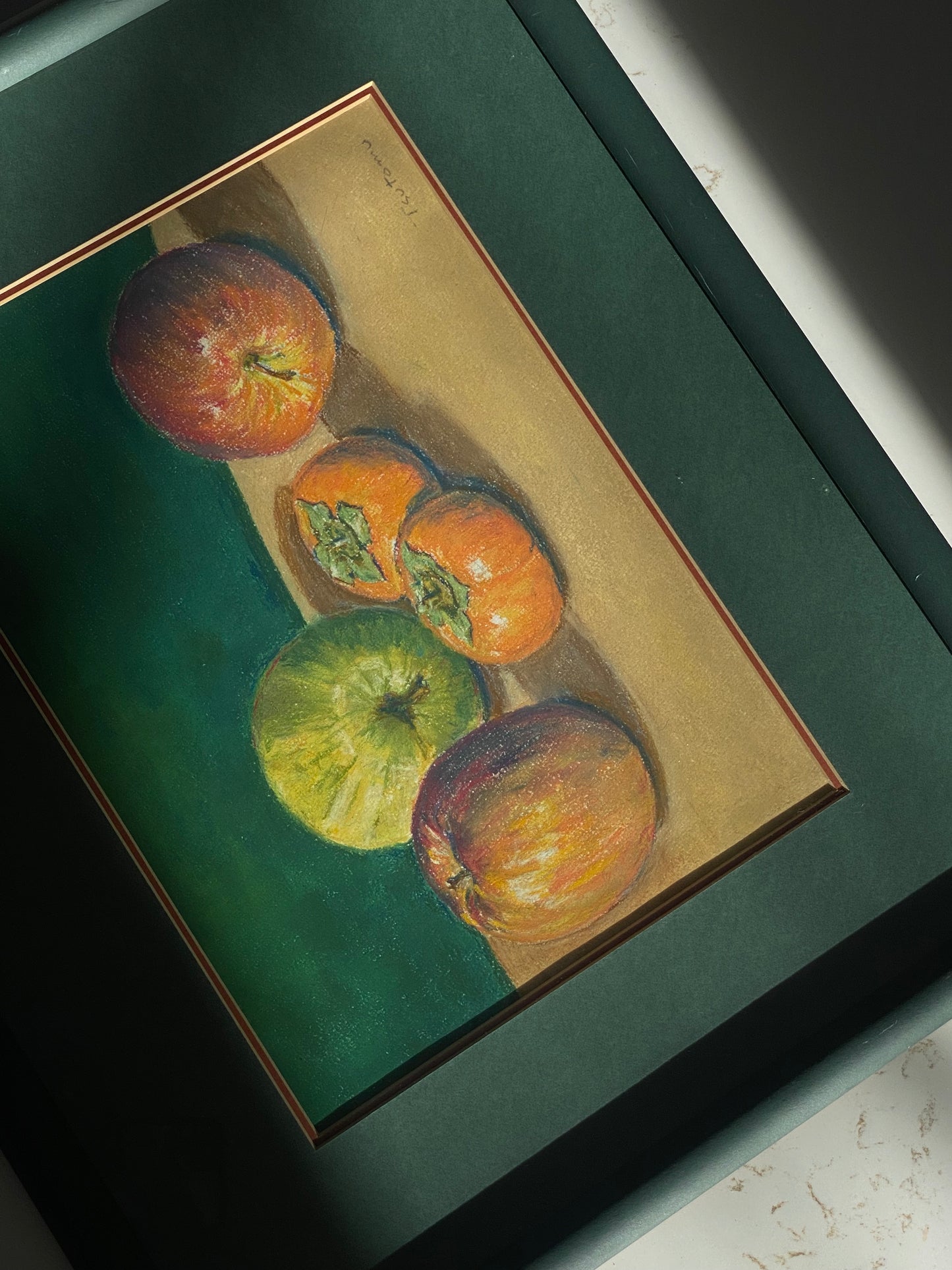 Green Framed Winter Fruit Pastel - Signed Tsutomu