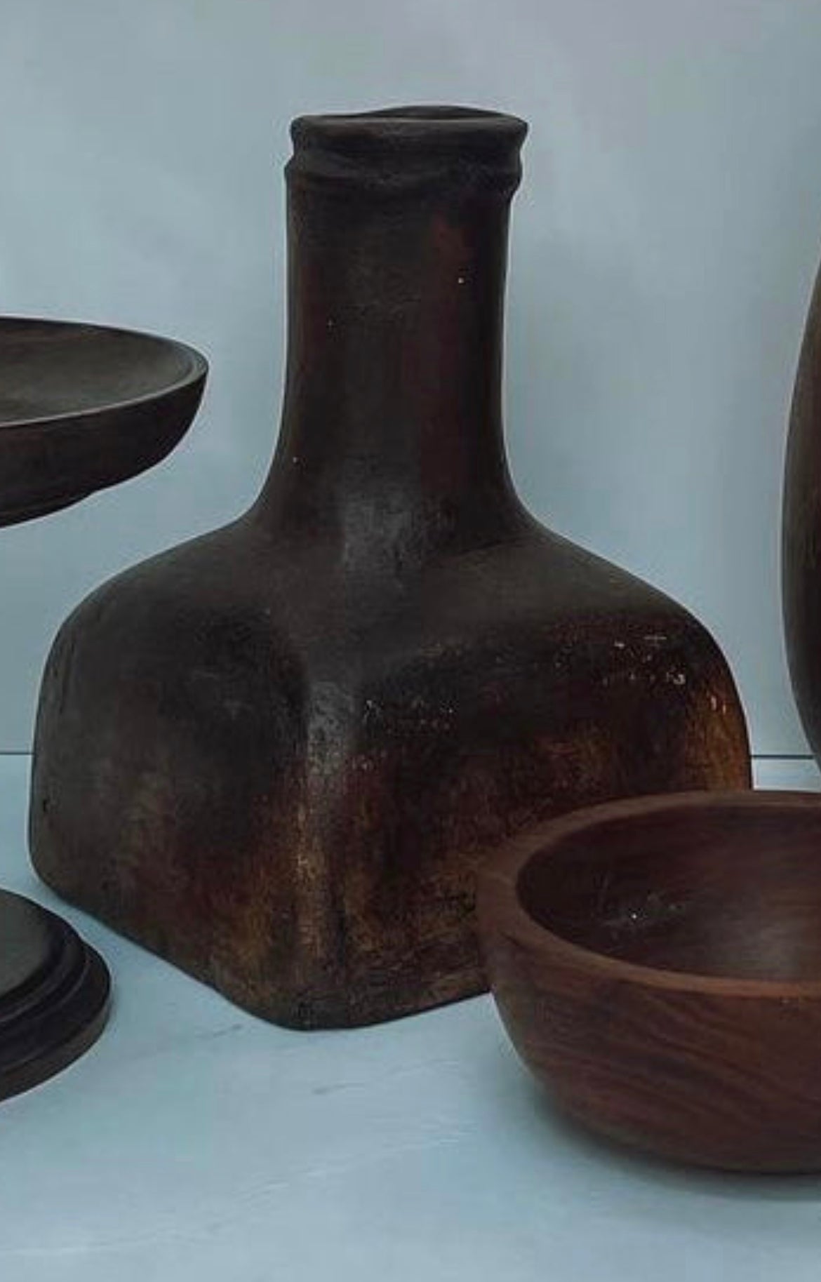 Cake Stand, Wood Bowl, Vase and Primitive Ceremonial Carved Wood Chalice