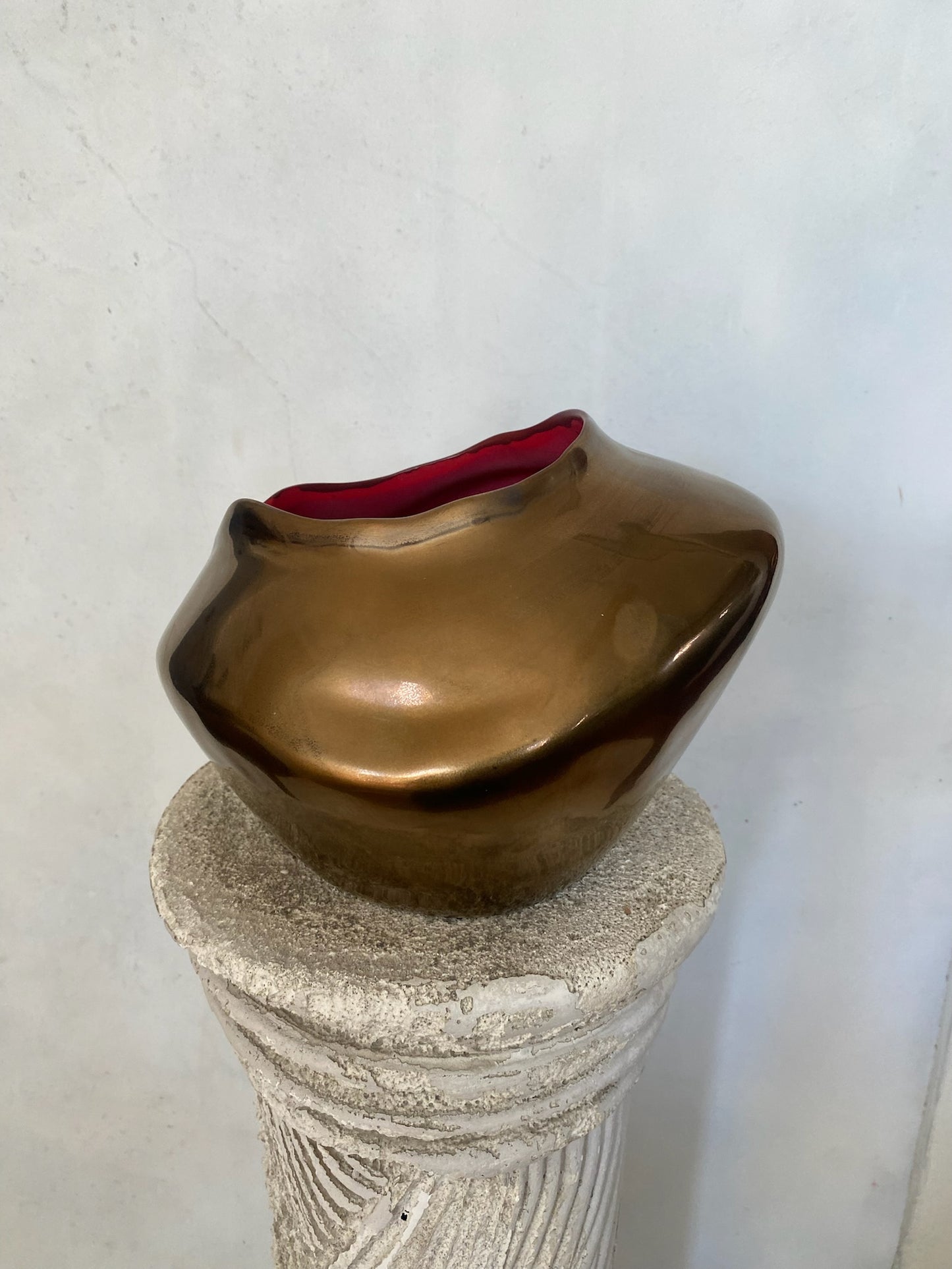 Bronze Ceramic Organic Abstract Vase with Matte Red Interior