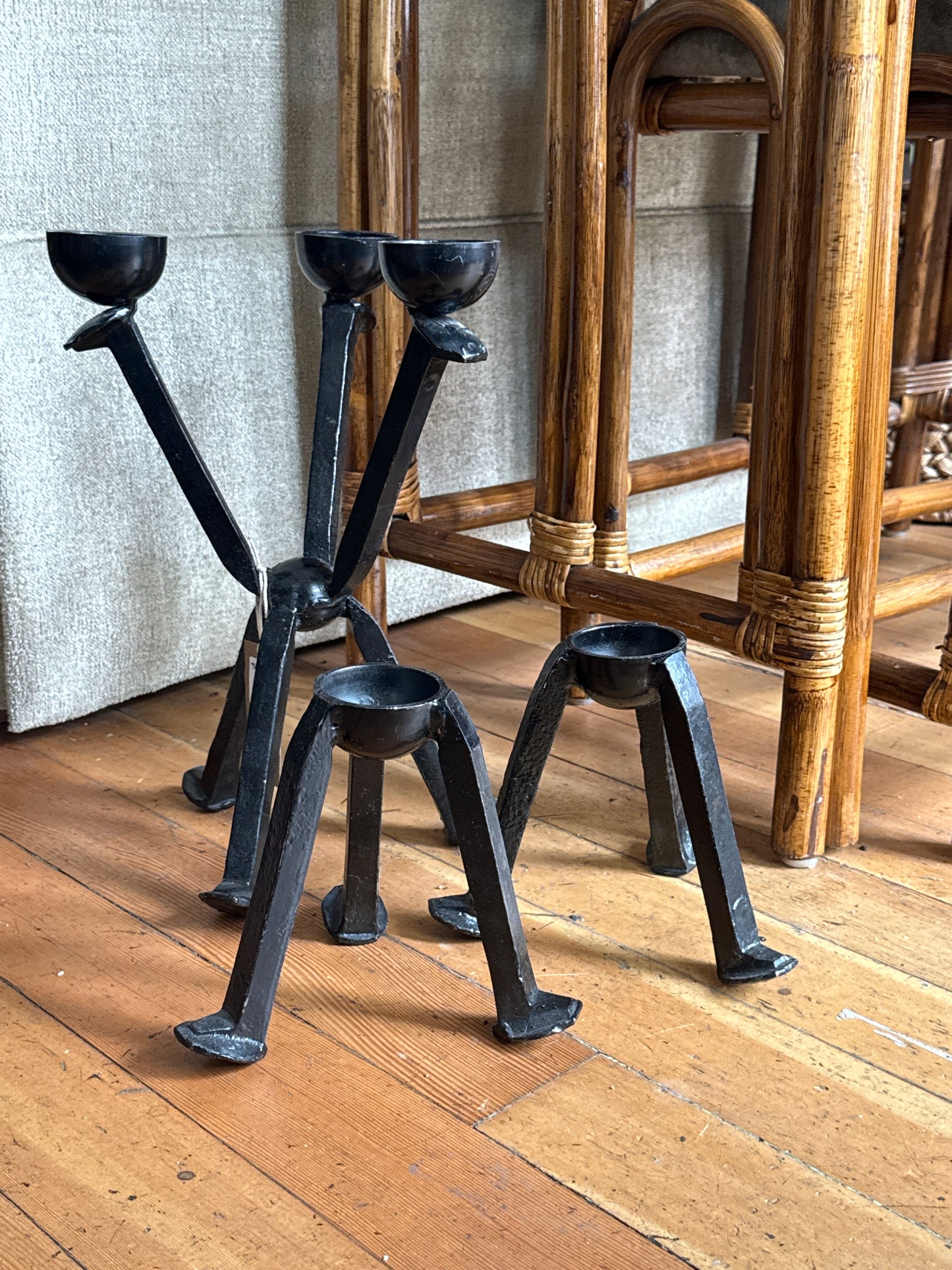 Set of 3, Handcrafted Welded Railroad Spike Iron Candelabra Tri-Head + Two Single Candle Holders