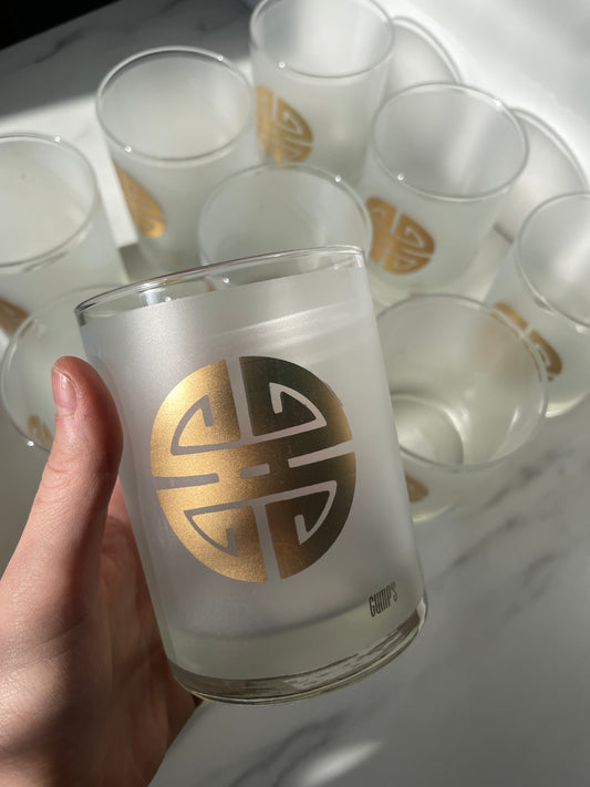 Vintage Gumps Old Fashion Gold Frosted Glasses sold as set of 9
