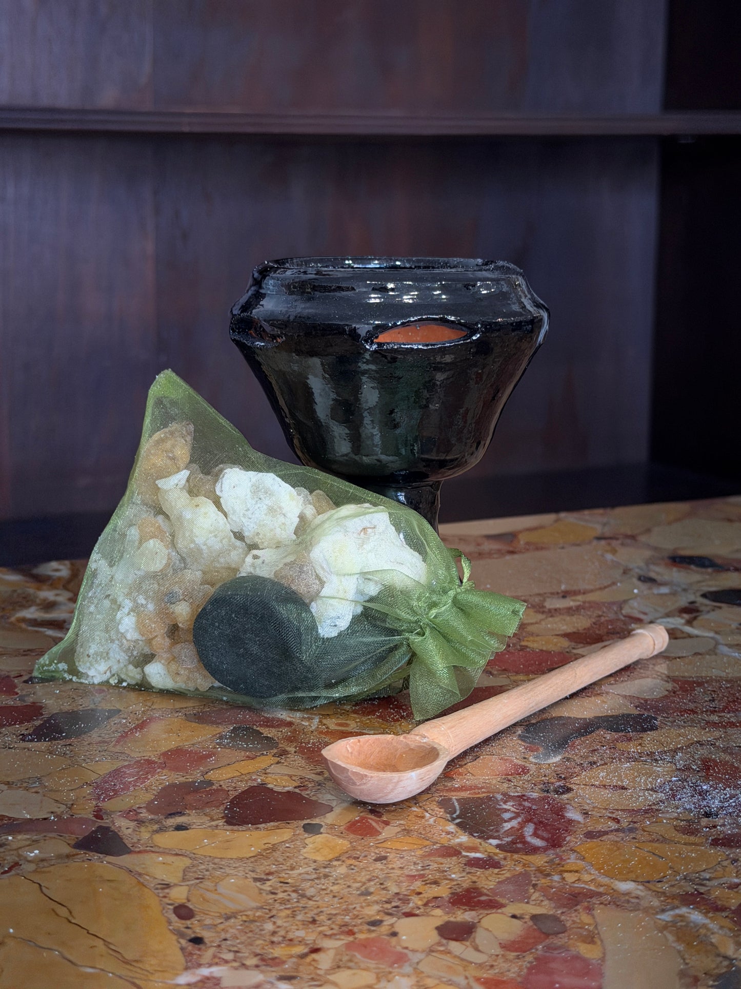Large Handcrafted Black Glaze Copal Resin + Incense Chalice Set