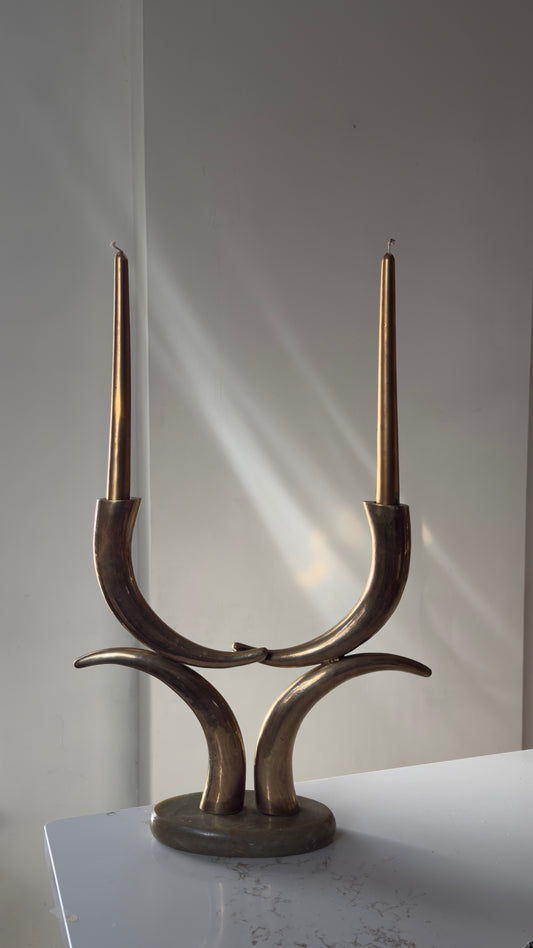 Vintage Solid Brass Tiered Tusk Candle Holder on Green Quartz Base