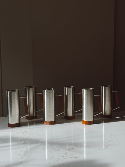 Set of 6 Vintage Royal Selangor Pewter & Teak Wood Tankard Mug Steins