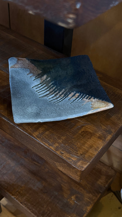 Dissim Raku Fired Blue Dry Drip Glazed Footed Plate Catch-all