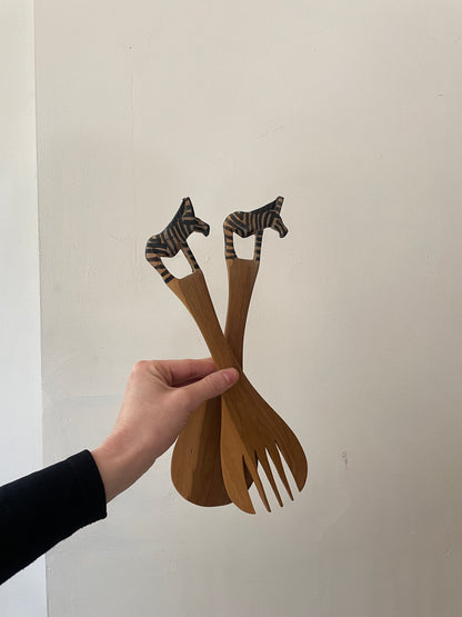 Wood Carved and Painted Zebra Salad Servers