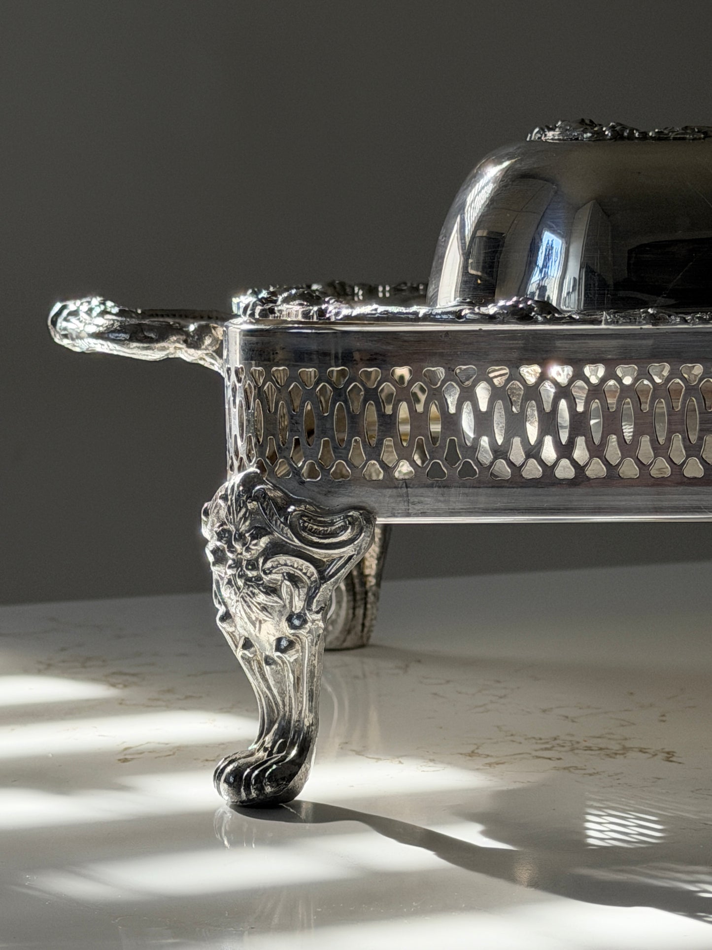 Silver Plated Grapevine Lidded Serving Dish + Stand by Old Sheffield Reproduction