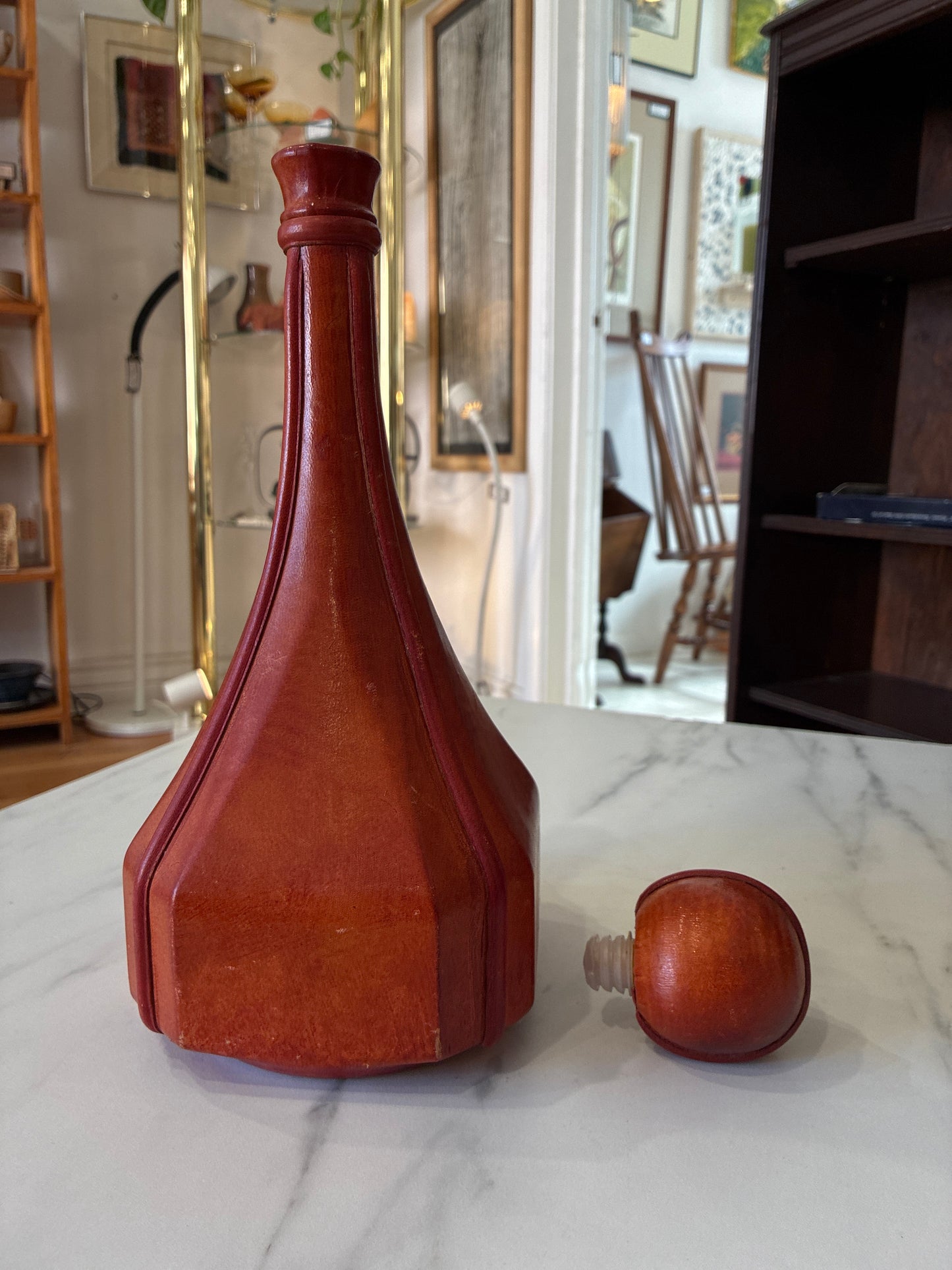 Vintage Halian Leather Wrapped Decanter Bottle - Glass Interior