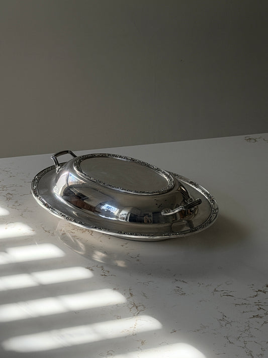 Vintage Silver Plated Oval Lidded Serving Dish with Floral Design by Roger’s & Bro.