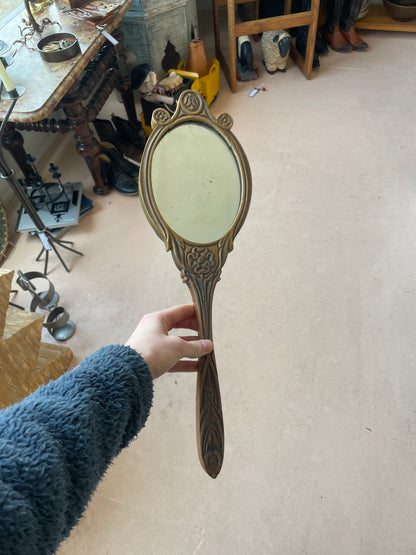 Antique Art Nouveau Carved Wood with Velvet Back Hand Mirror