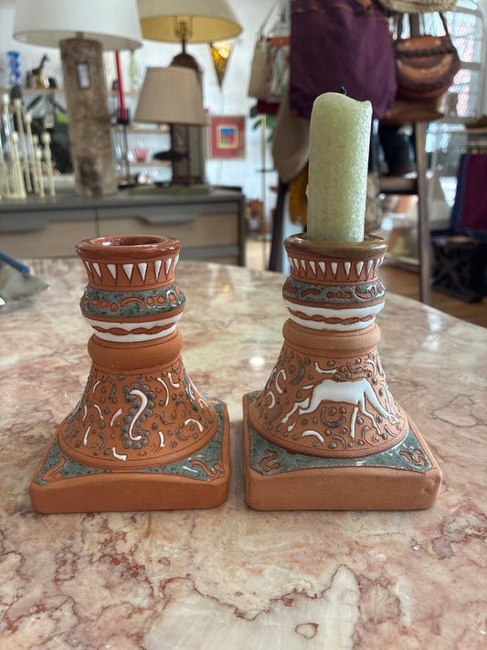 Handcrafted Grecian Terracotta Pair of Candle Holders by Rhodos